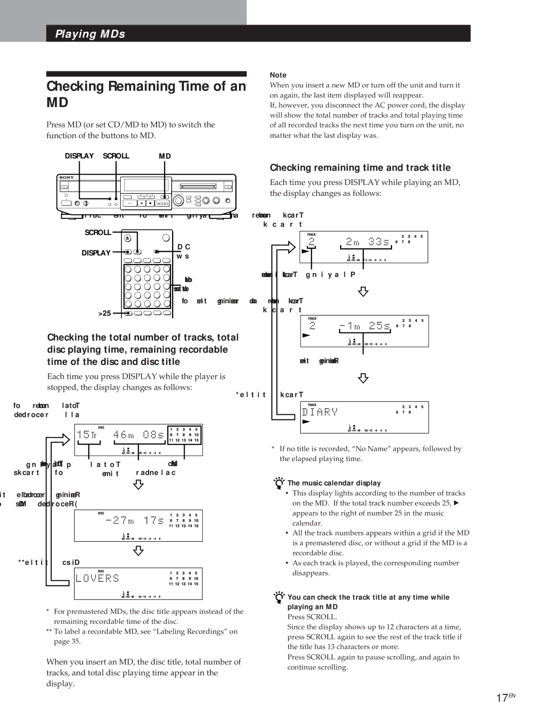 Sony MXD-D1 manual Checking Remaining Time of an, Checking remaining time and track title 