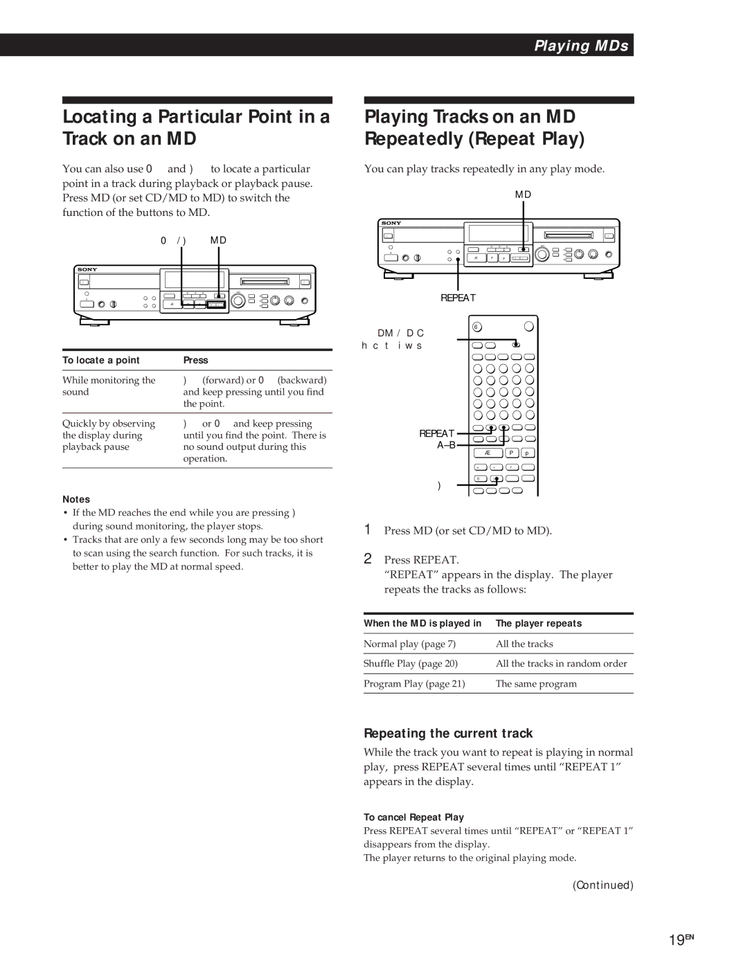 Sony MXD-D1 manual Locating a Particular Point in a Track on an MD, Playing Tracks on an MD Repeatedly Repeat Play 