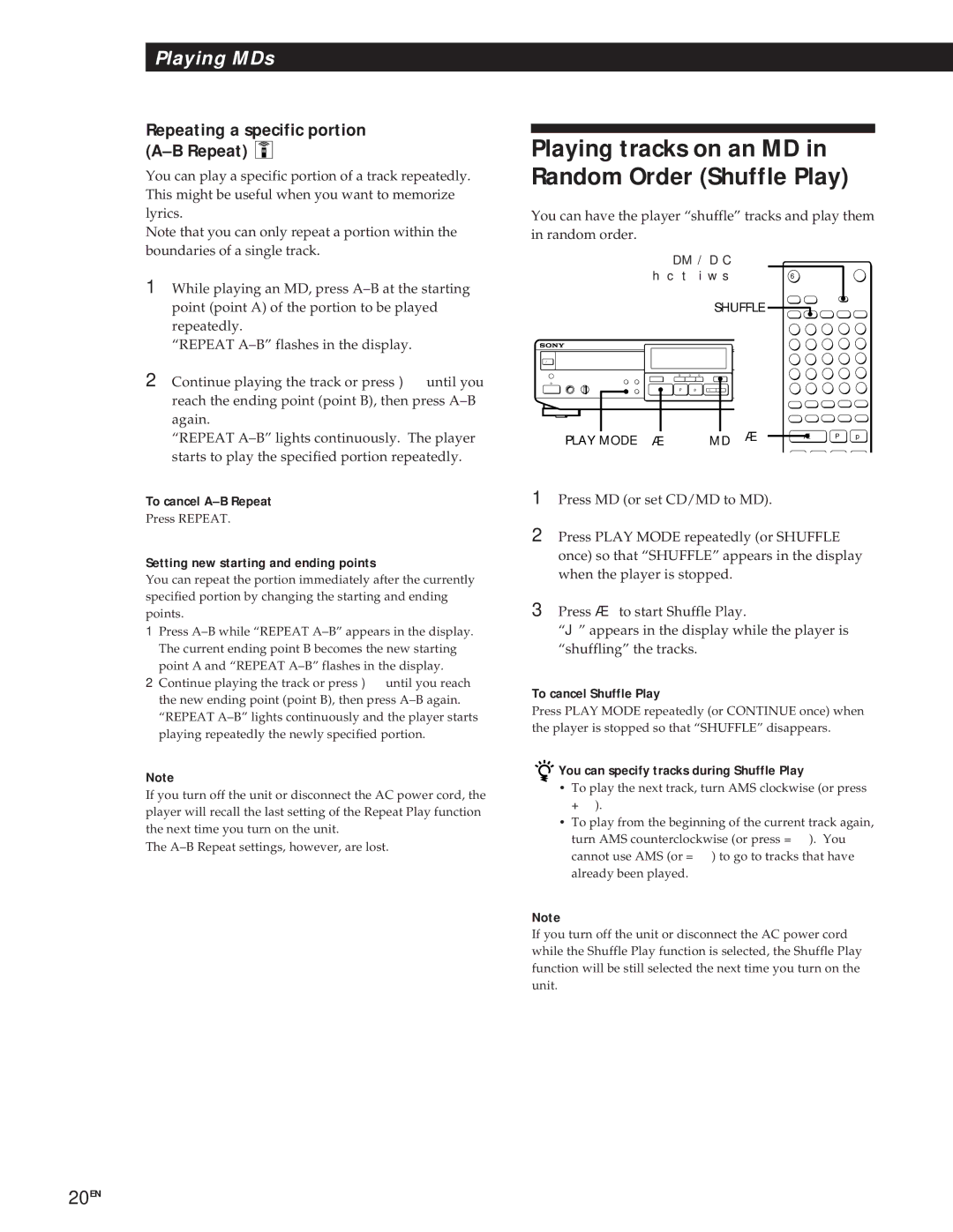 Sony MXD-D1 manual Playing tracks on an MD in Random Order Shuffle Play, Repeating a specific portion A-B Repeat 