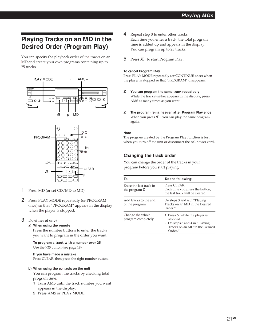 Sony MXD-D1 manual Playing Tracks on an MD in the Desired Order Program Play 