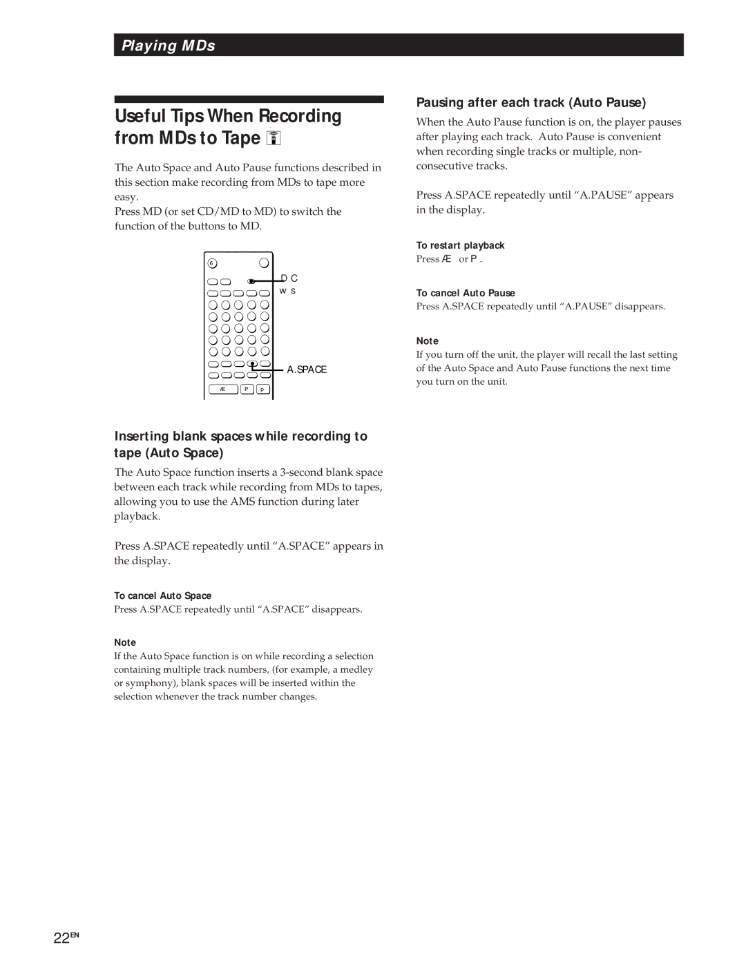 Sony MXD-D1 manual Useful Tips When Recording from MDs to Tape, To restart playback 