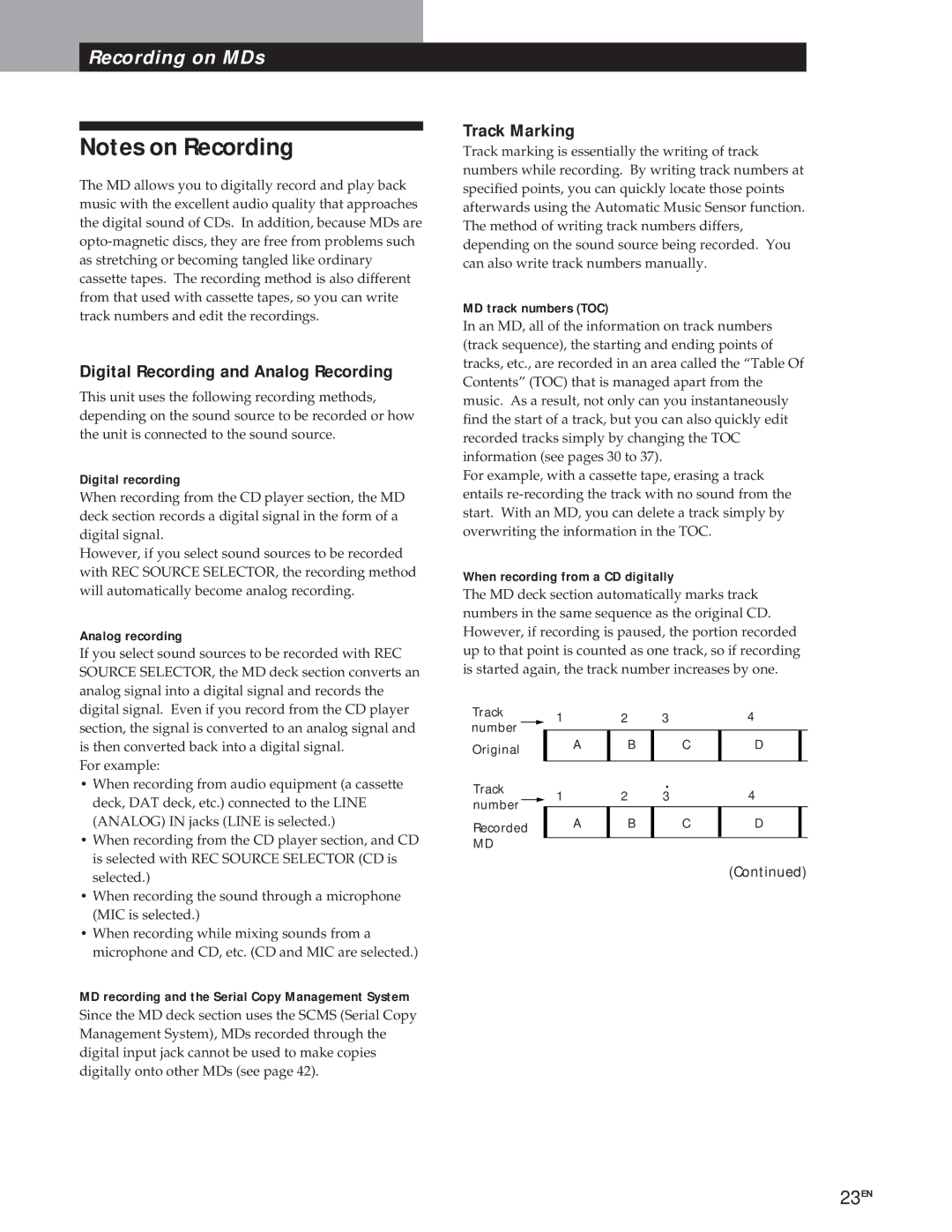 Sony MXD-D1 manual Digital Recording and Analog Recording, Track Marking 