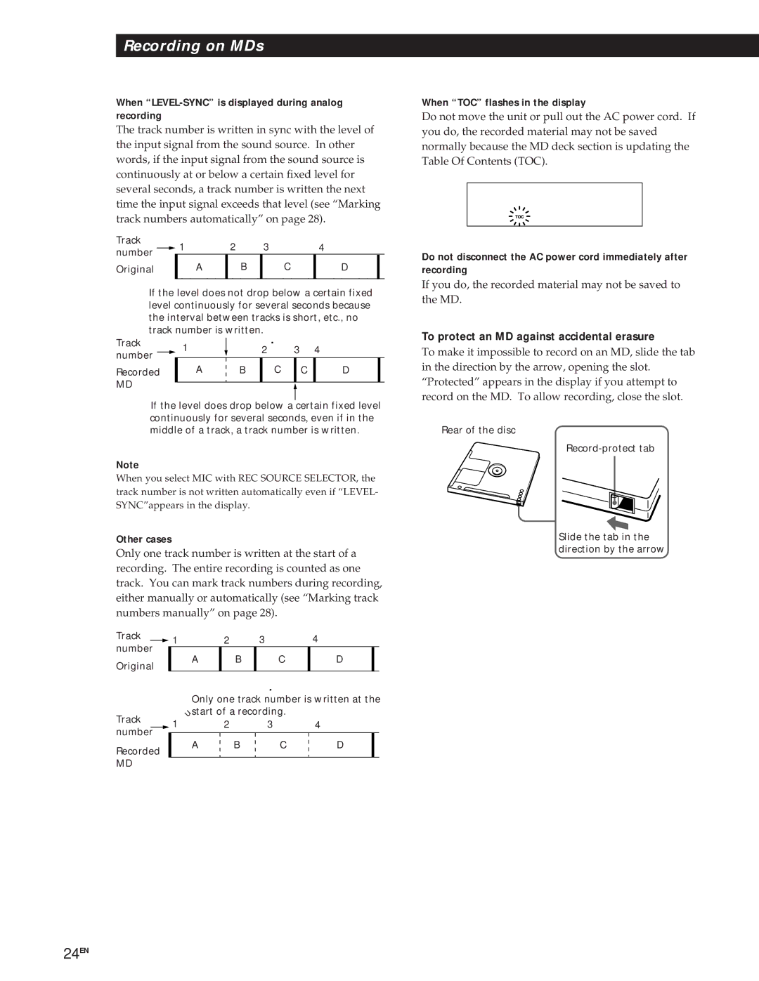 Sony MXD-D1 manual When LEVEL-SYNC is displayed during analog recording, Other cases 