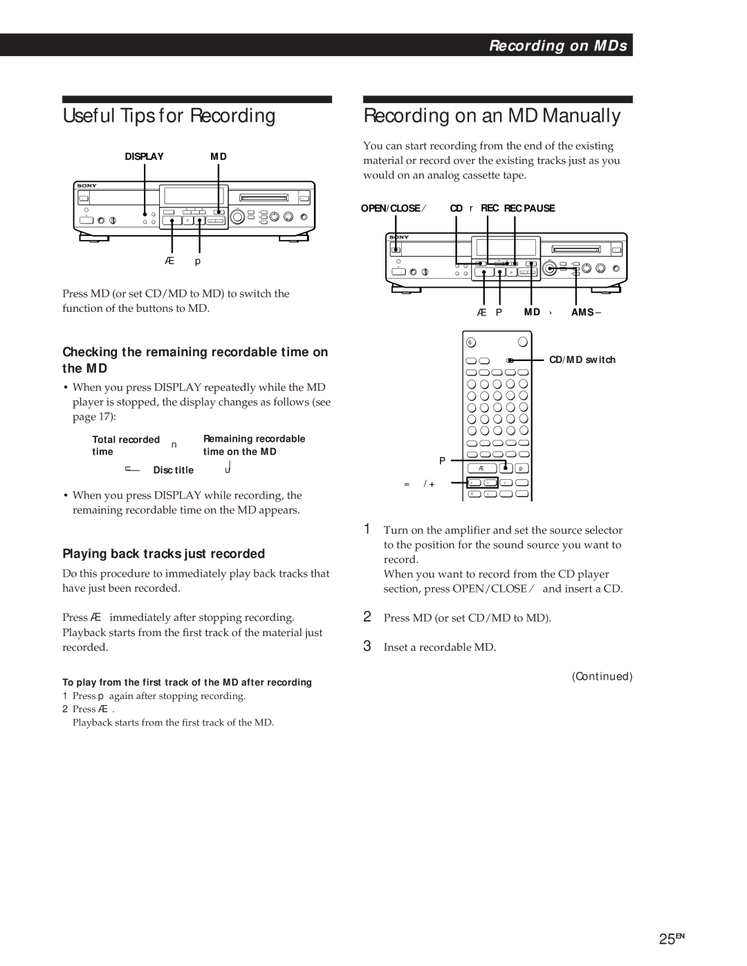 Sony MXD-D1 Useful Tips for Recording, Checking the remaining recordable time on the MD, Playing back tracks just recorded 