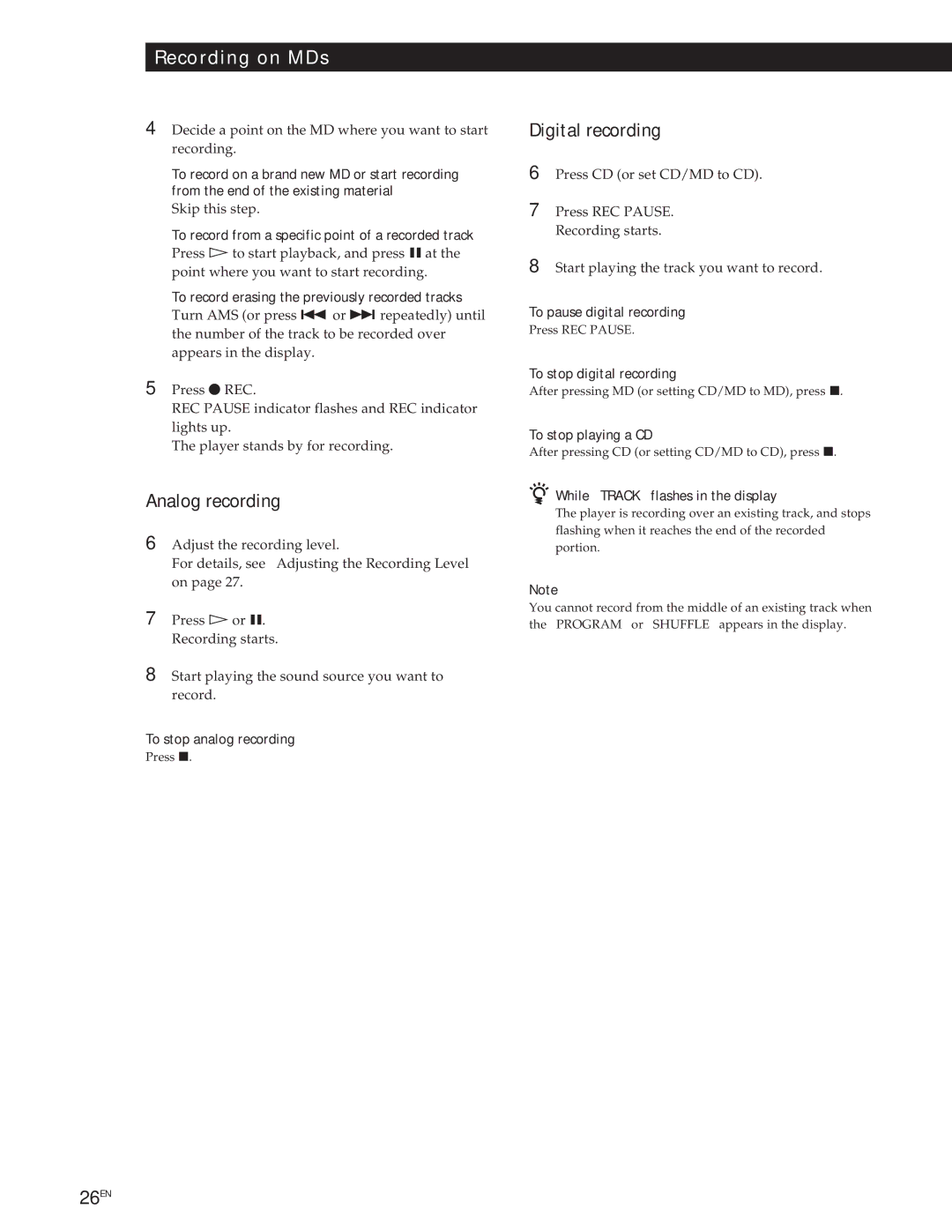 Sony MXD-D1 manual Analog recording, Digital recording 