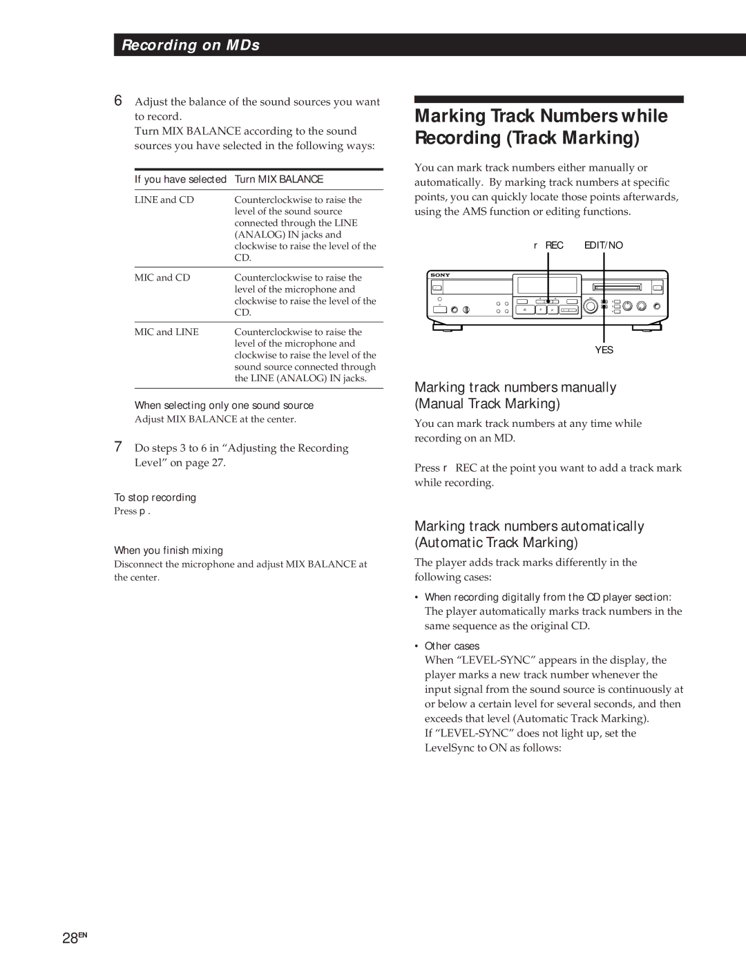 Sony MXD-D1 manual Marking Track Numbers while Recording Track Marking 