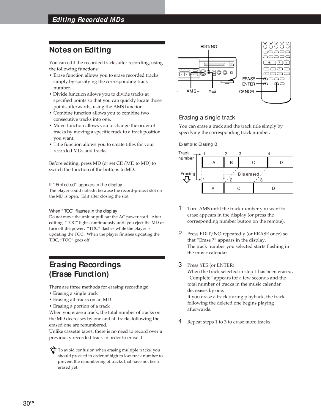 Sony MXD-D1 manual Erasing Recordings Erase Function, Erasing a single track, If Protected appears in the display 