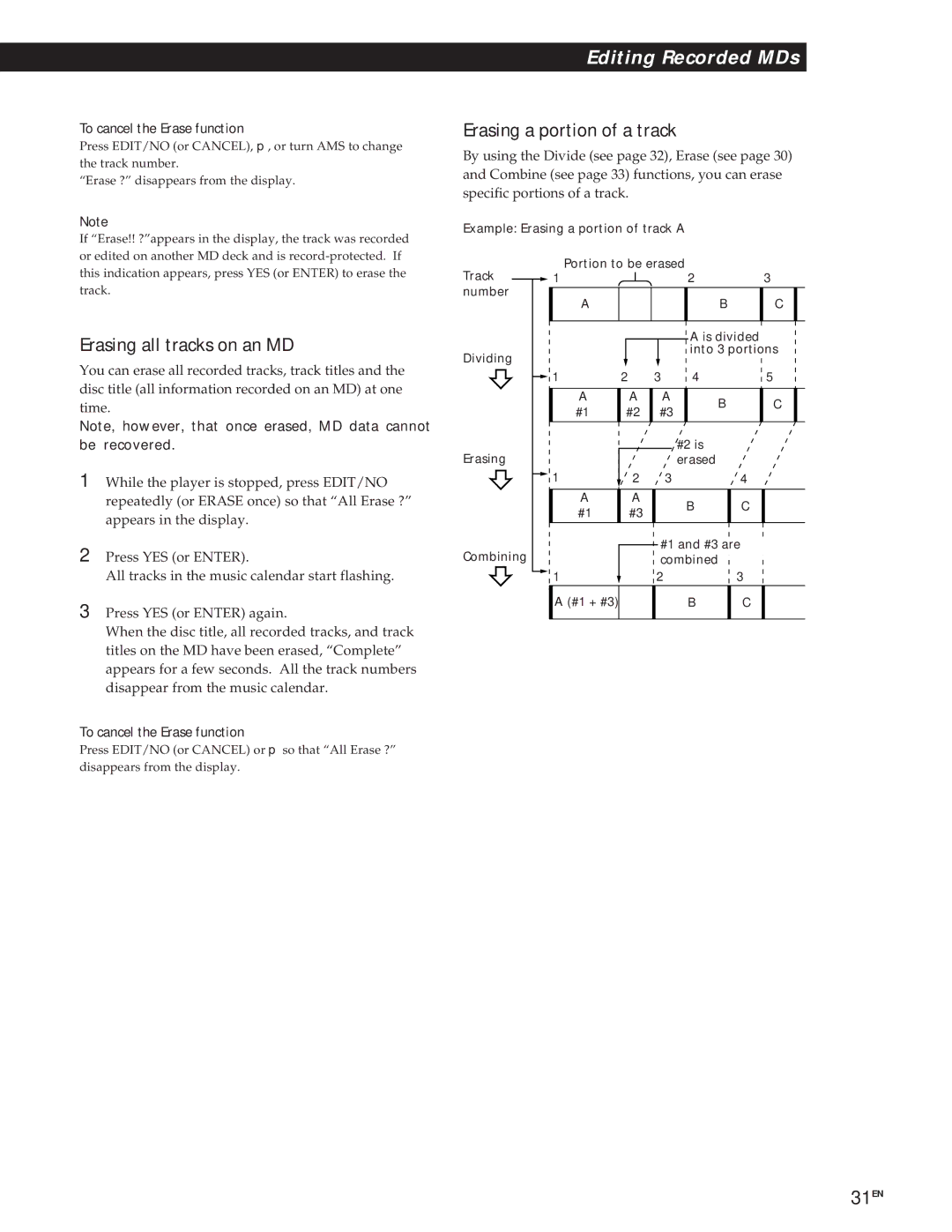 Sony MXD-D1 manual Erasing a portion of a track, Erasing all tracks on an MD, To cancel the Erase function 