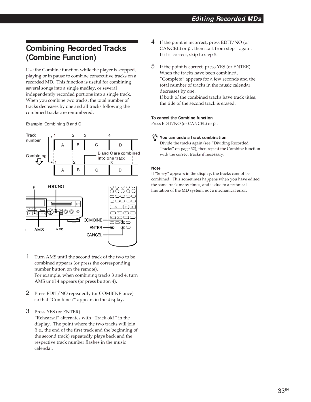 Sony MXD-D1 Combining Recorded Tracks Combine Function, To cancel the Combine function, You can undo a track combination 