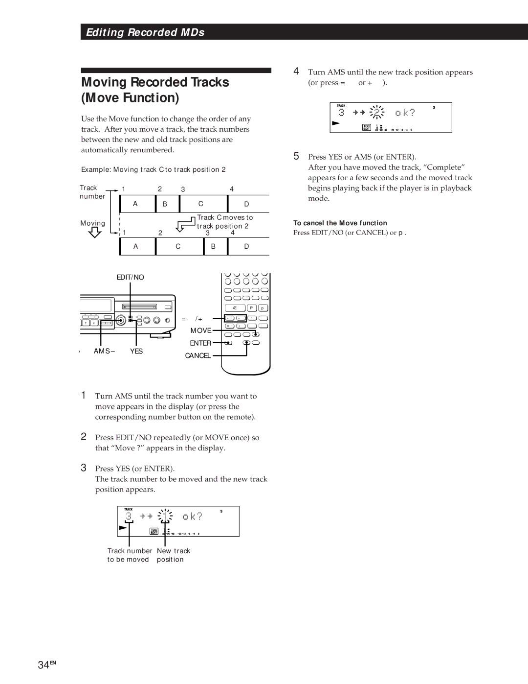 Sony MXD-D1 manual Moving Recorded Tracks Move Function, To cancel the Move function 