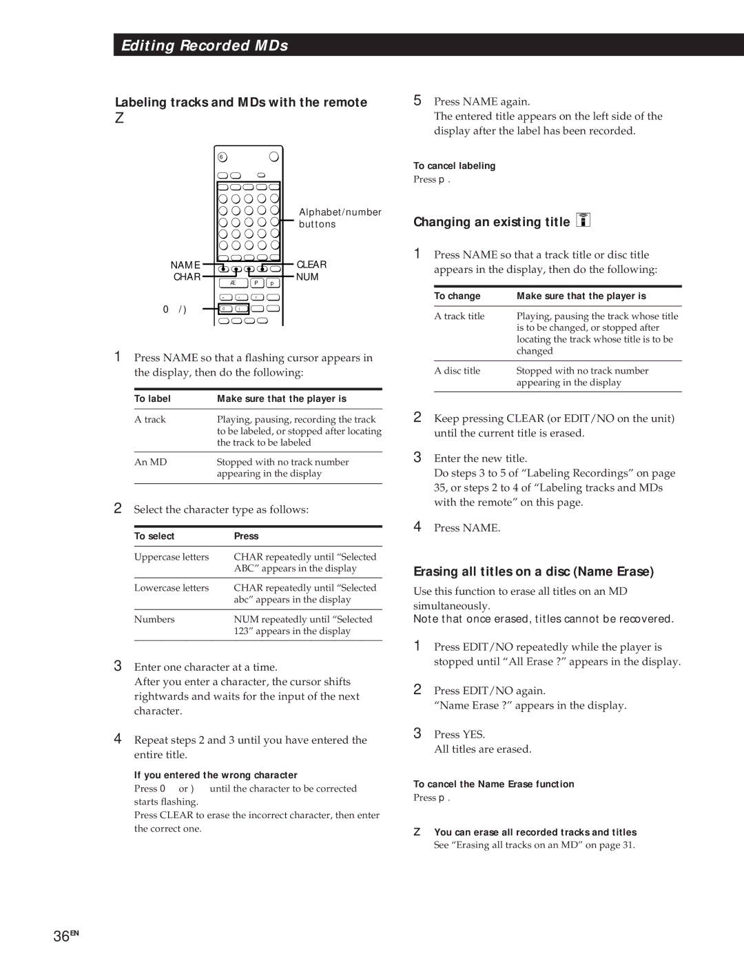 Sony MXD-D1 Labeling tracks and MDs with the remote, Changing an existing title, Erasing all titles on a disc Name Erase 