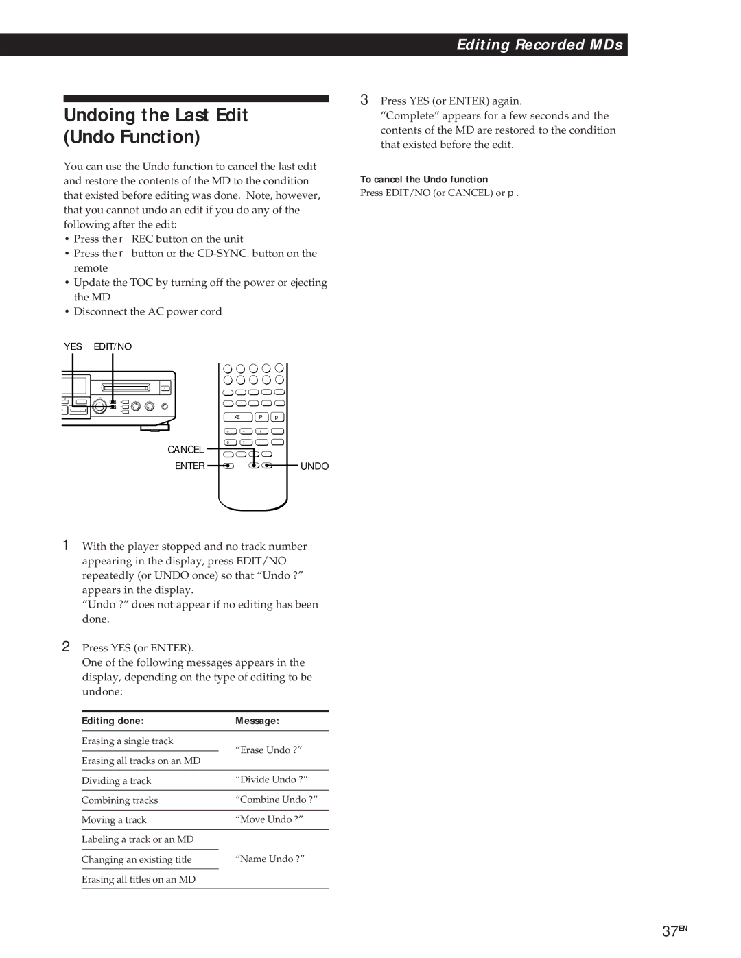 Sony MXD-D1 manual Undoing the Last Edit Undo Function, To cancel the Undo function, Editing done Message 