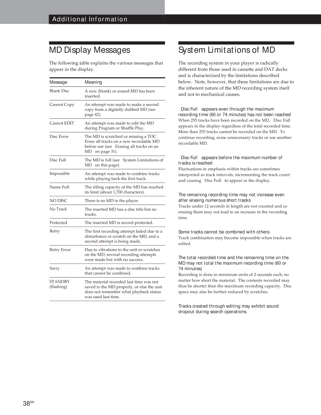 Sony MXD-D1 MD Display Messages, System Limitations of MD, Message Meaning, Some tracks cannot be combined with others 