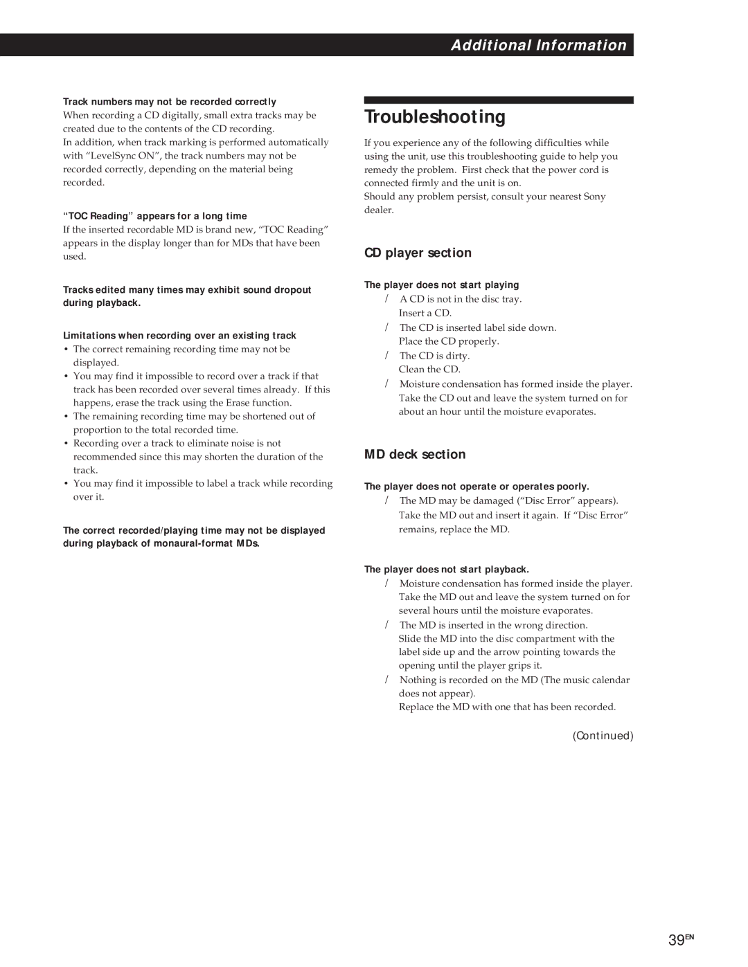 Sony MXD-D1 manual Troubleshooting, CD player section, MD deck section 