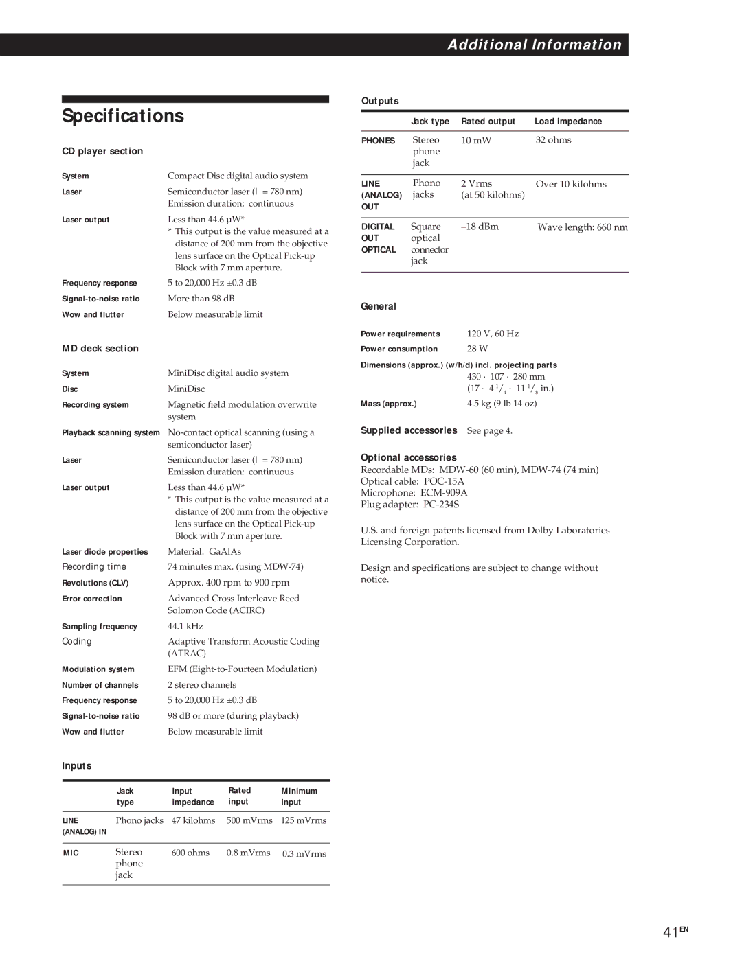 Sony MXD-D1 manual Specifications 