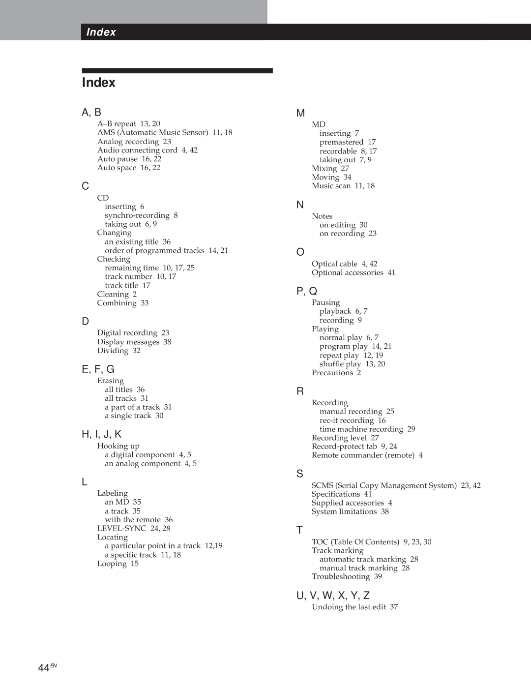 Sony MXD-D1 manual Index, J, K, W, X, Y, Z 