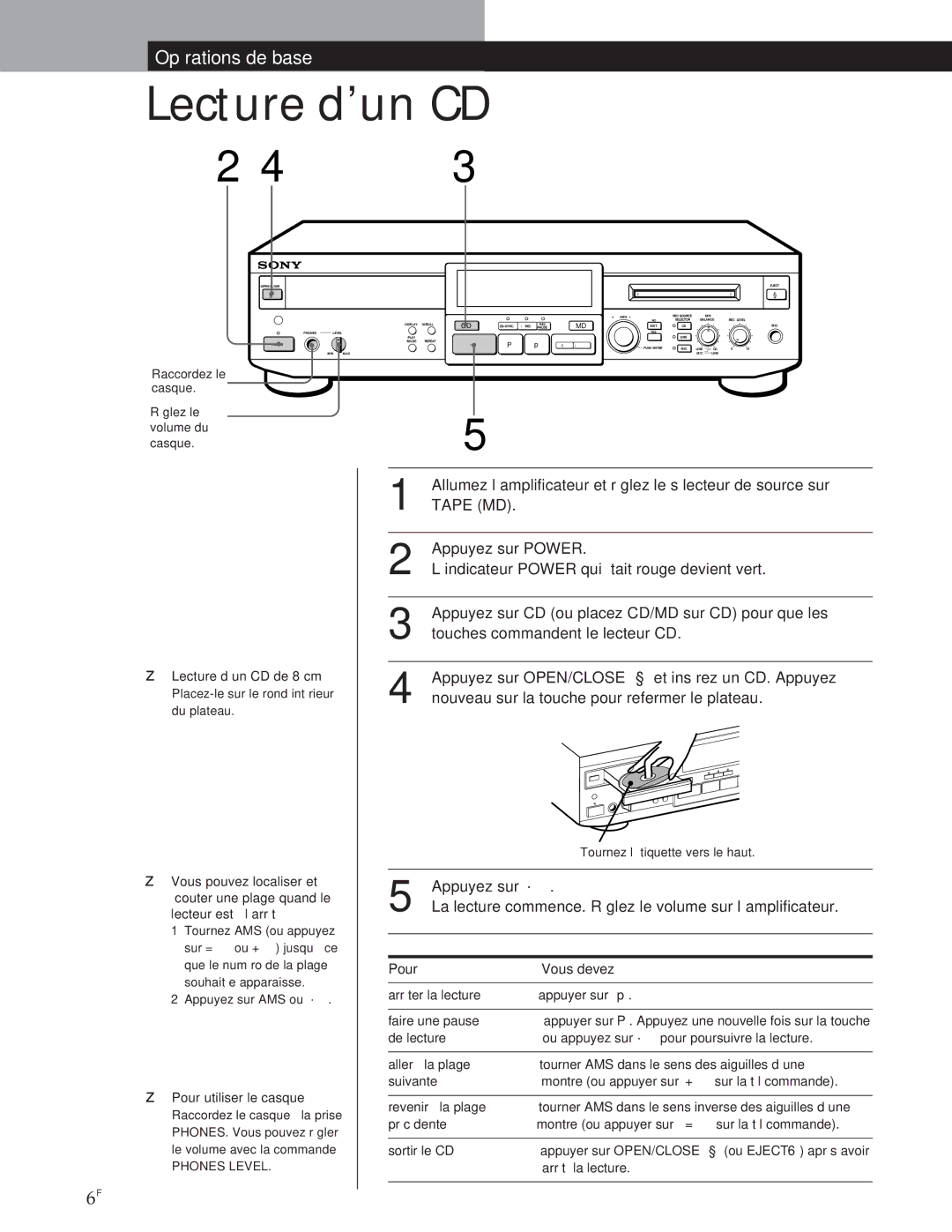 Sony MXD-D1 manual Lecture d’un CD, Pour Vous devez 