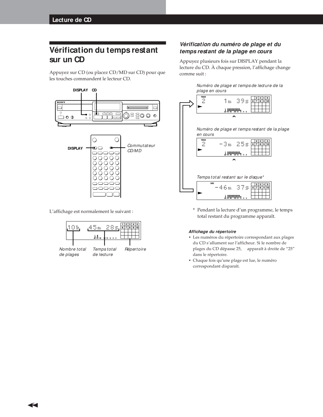 Sony MXD-D1 manual Vérification du temps restant sur un CD, Affichage du répertoire 