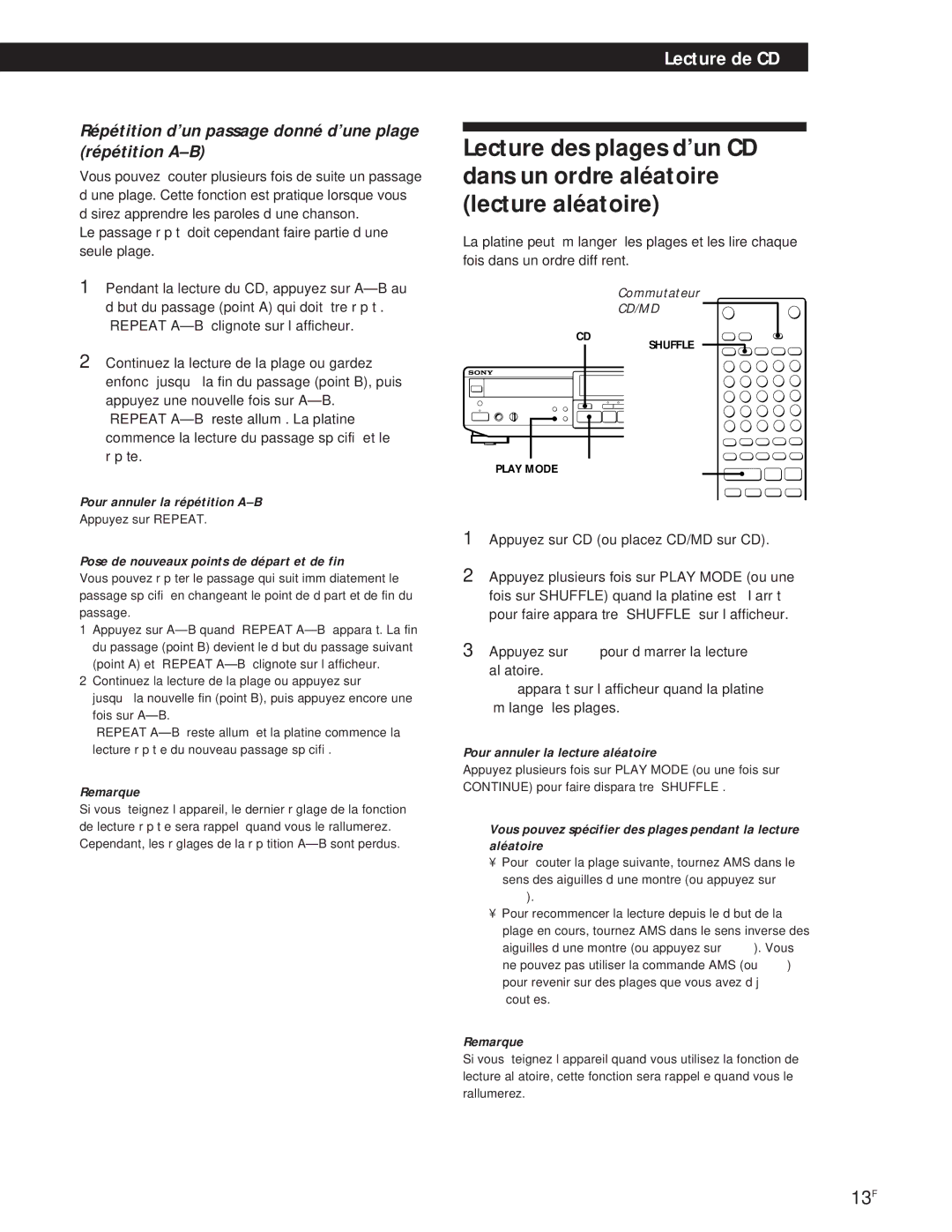 Sony MXD-D1 manual Répétition d’un passage donné d’une plage répétition A-B Z, Pour annuler la répétition A-B 