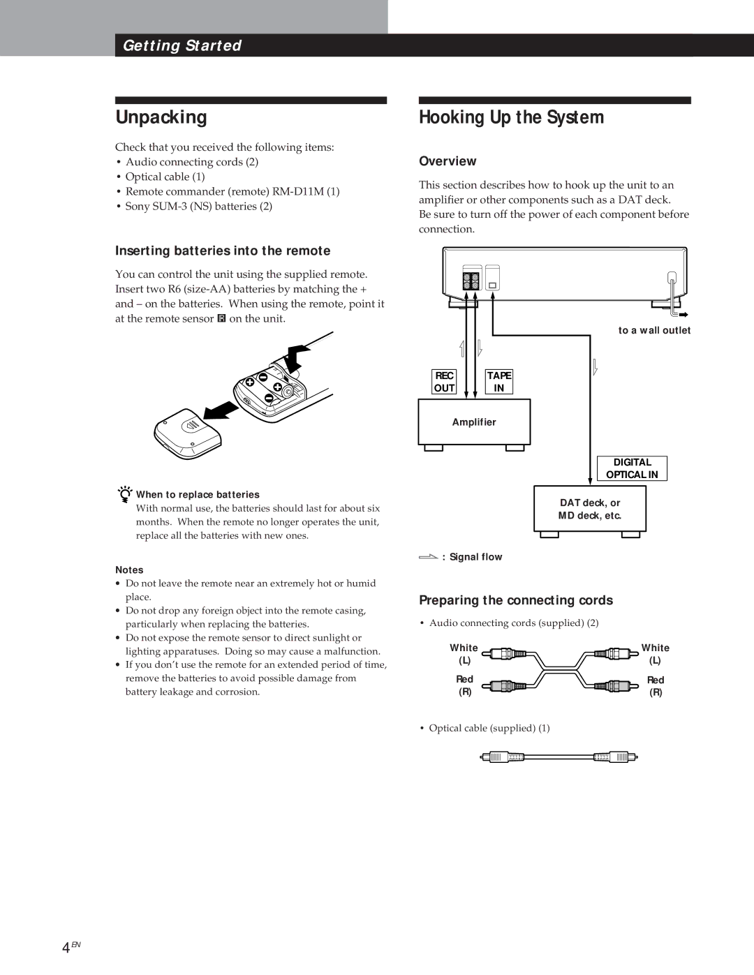 Sony MXD-D1 manual Unpacking, Hooking Up the System, Inserting batteries into the remote, Overview 