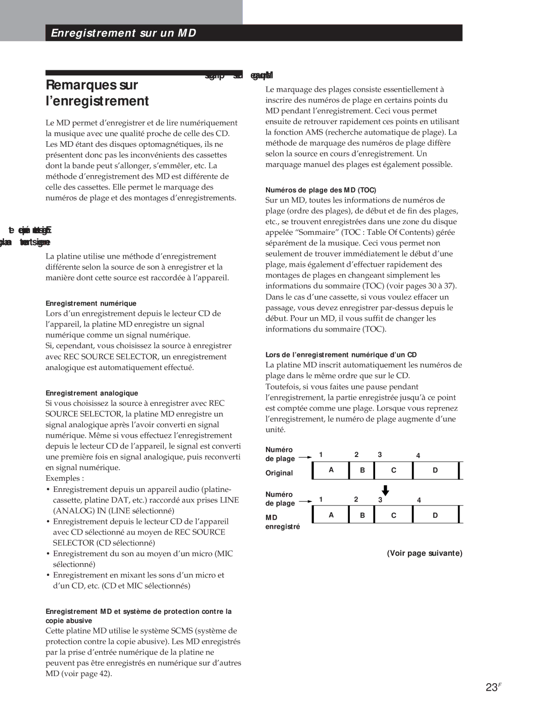 Sony MXD-D1 manual Remarques sur, ’enregistrement, EgauqrMa 