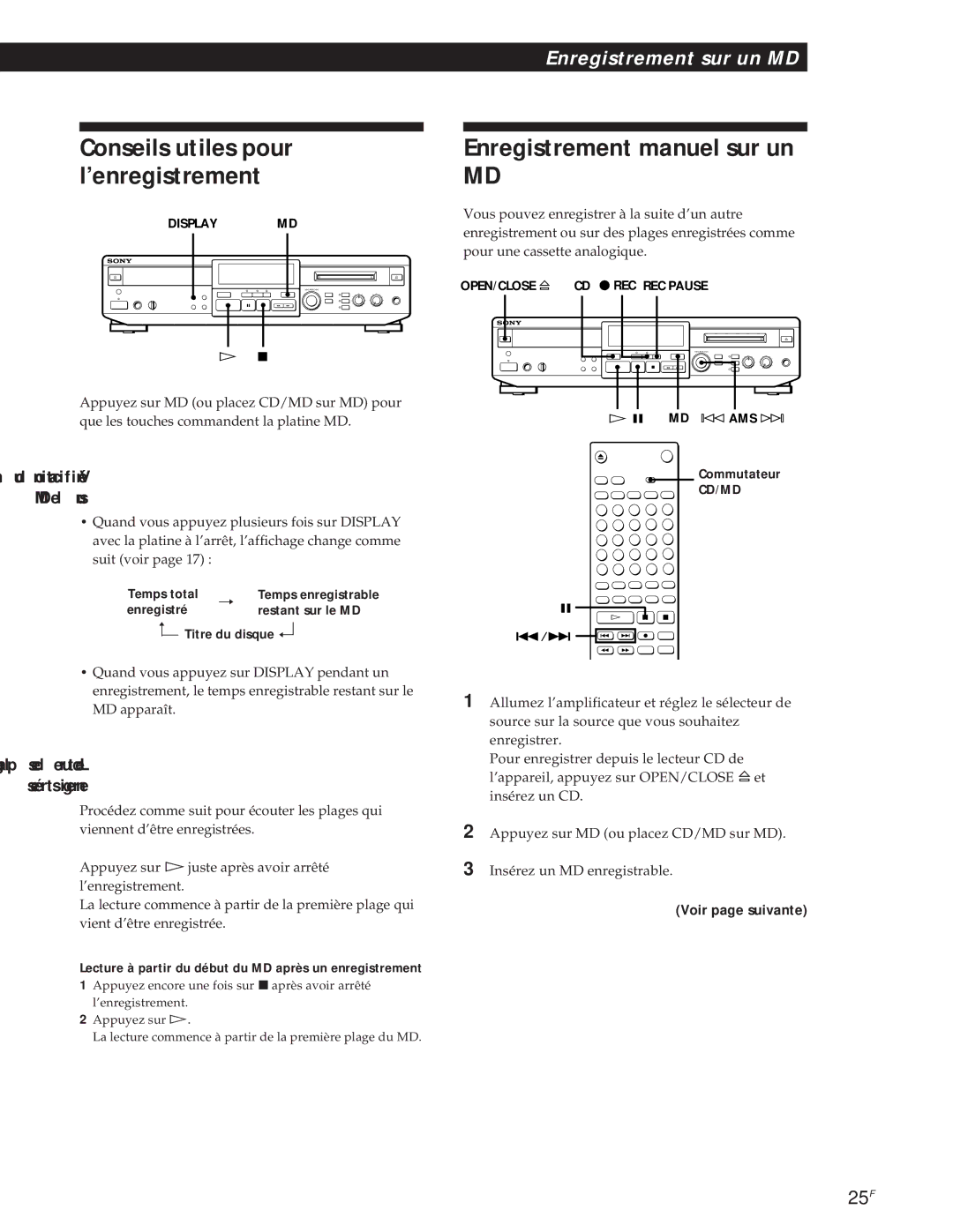 Sony MXD-D1 manual Conseils utiles pour, Lecture à partir du début du MD après un enregistrement 