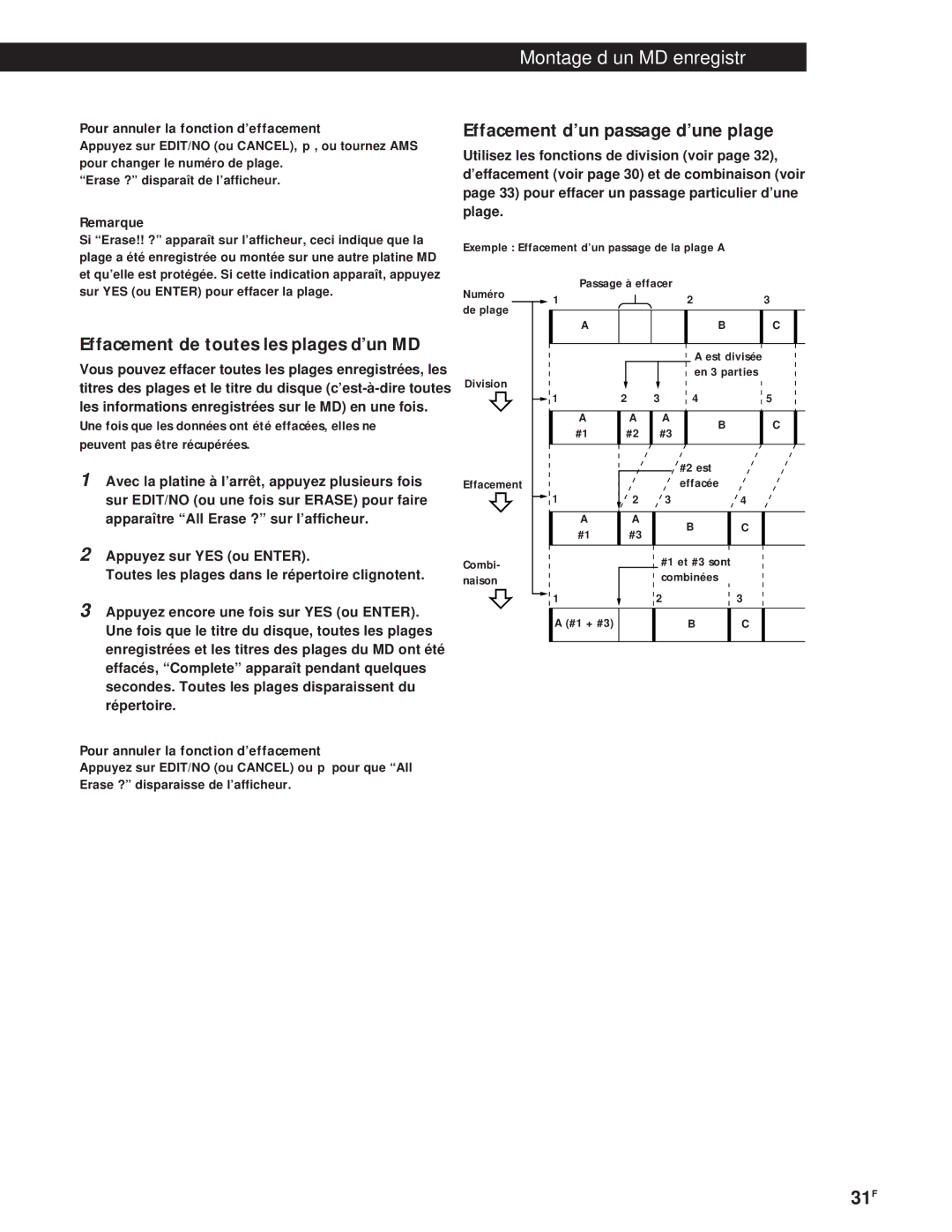 Sony MXD-D1 manual Effacement de toutes les plages d’un MD, Effacement d’un passage d’une plage 