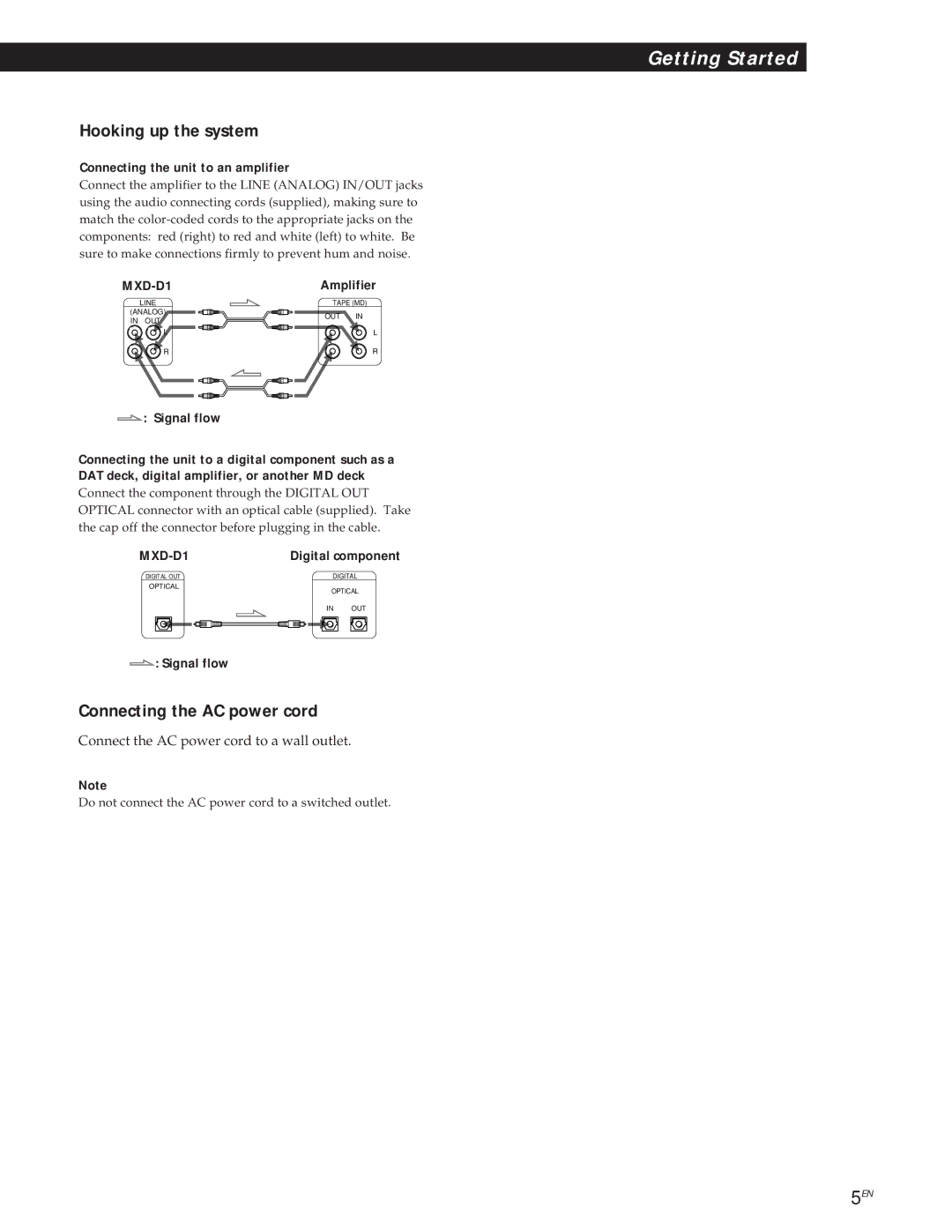 Sony MXD-D1 manual Hooking up the system, Connecting the AC power cord, Connecting the unit to an amplifier 