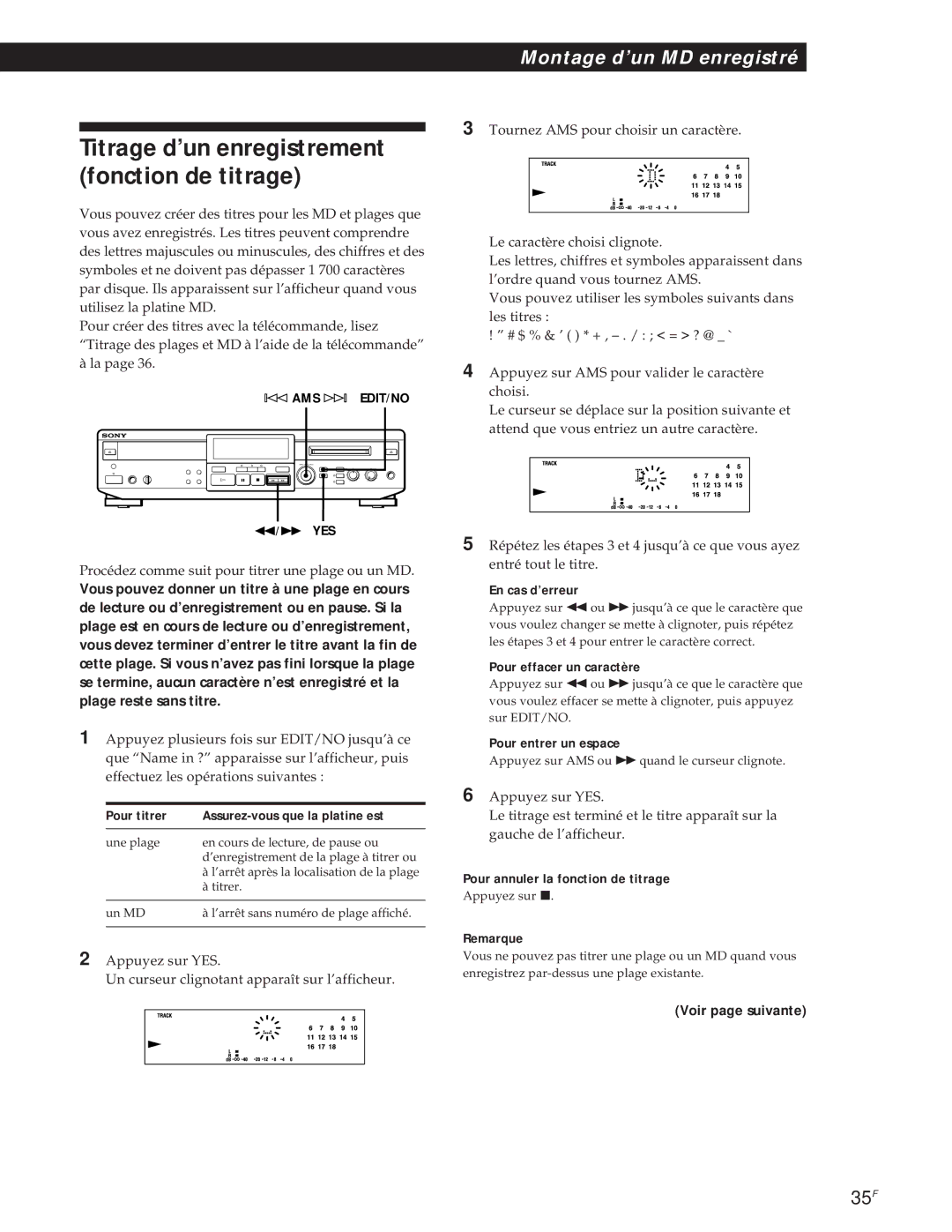 Sony MXD-D1 manual Titrage d’un enregistrement fonction de titrage, Pour titrer Assurez-vous que la platine est 