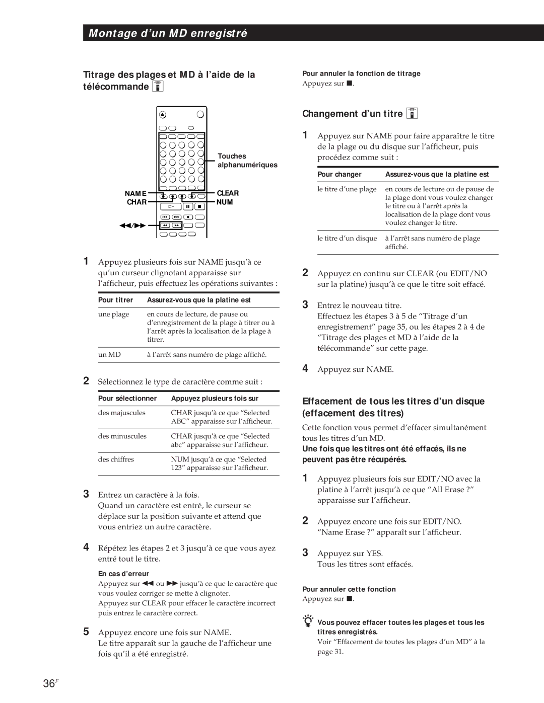 Sony MXD-D1 manual Titrage des plages et MD à l’aide de la télécommande Z, Changement d’un titre Z, Pour changer 