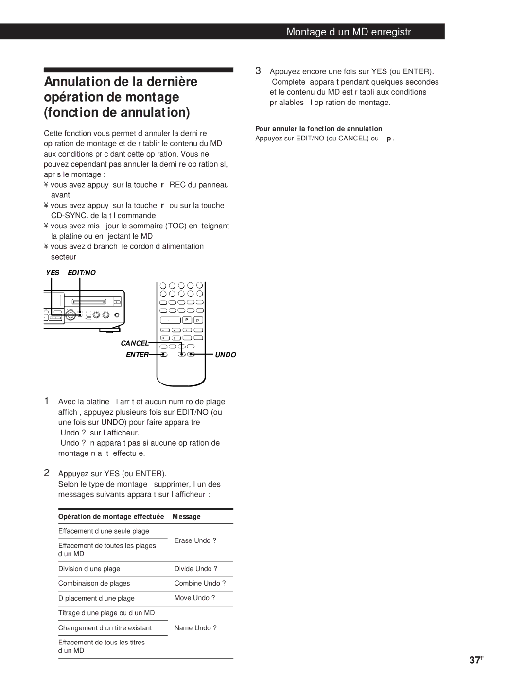 Sony MXD-D1 manual Message, Pour annuler la fonction de annulation 