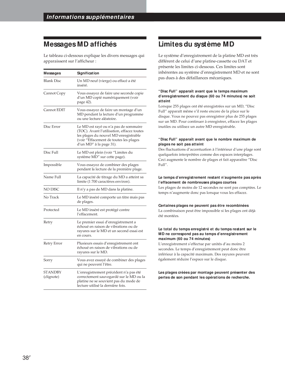 Sony MXD-D1 manual Messages MD affichés, Limites du système MD, Messages Signification 