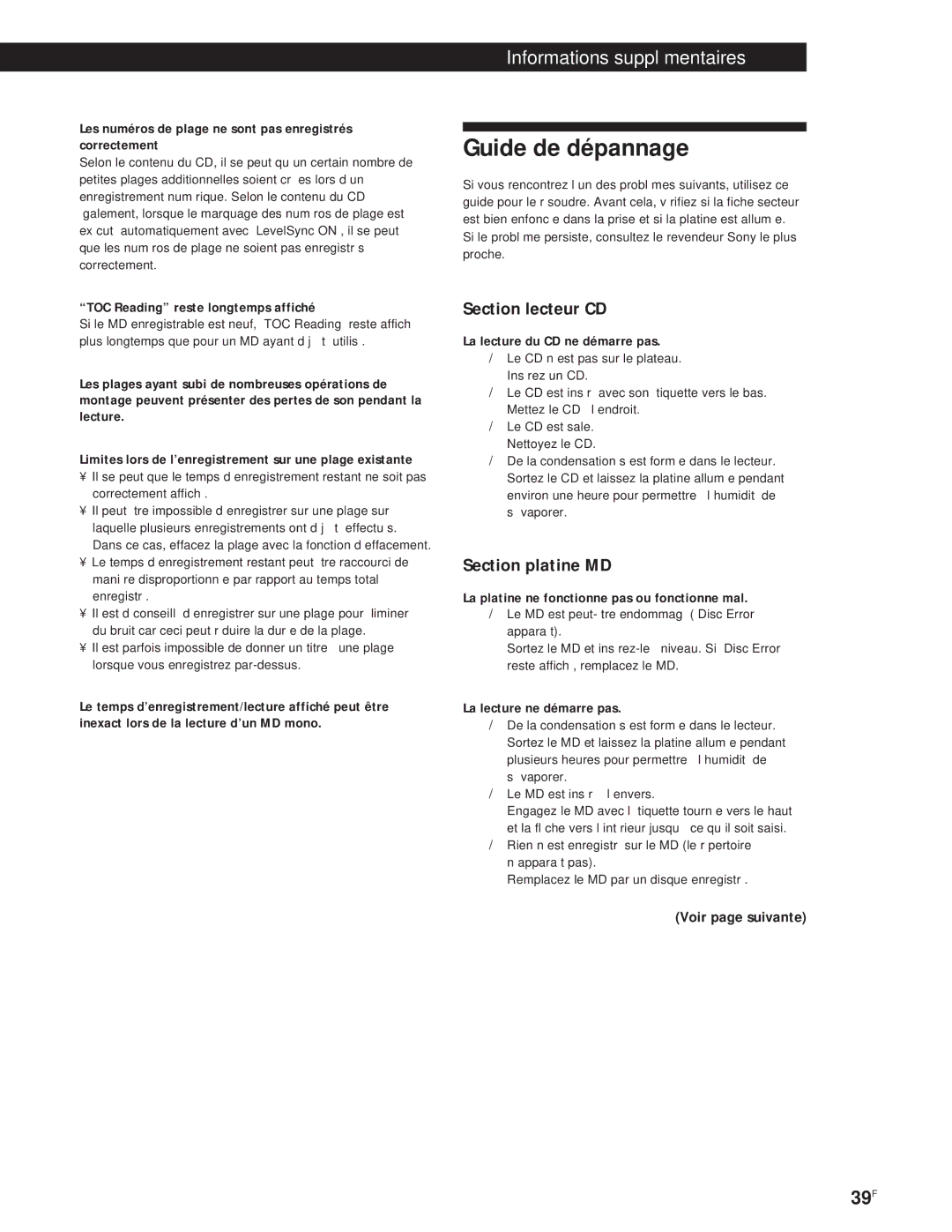 Sony MXD-D1 manual Guide de dépannage, Section lecteur CD, Section platine MD 