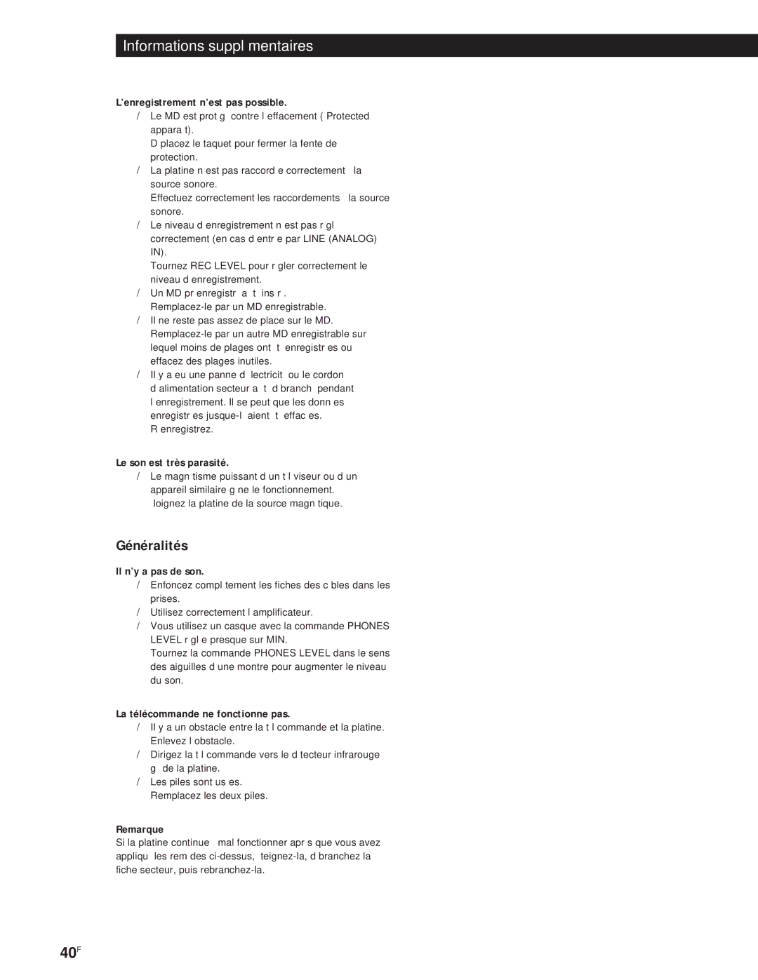 Sony MXD-D1 manual Généralités, ’enregistrement n’est pas possible, Le son est très parasité, Il n’y a pas de son 