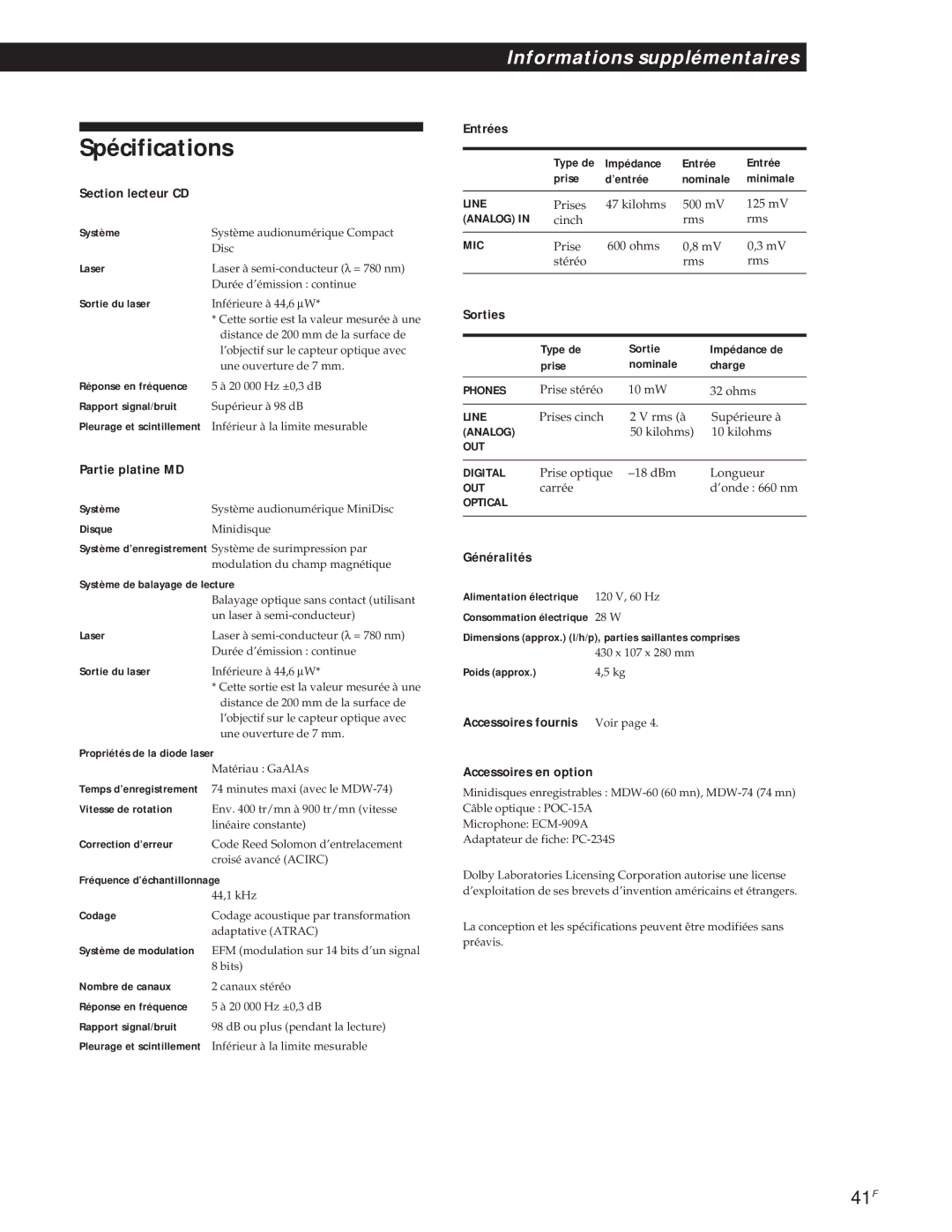 Sony MXD-D1 manual Spécifications 