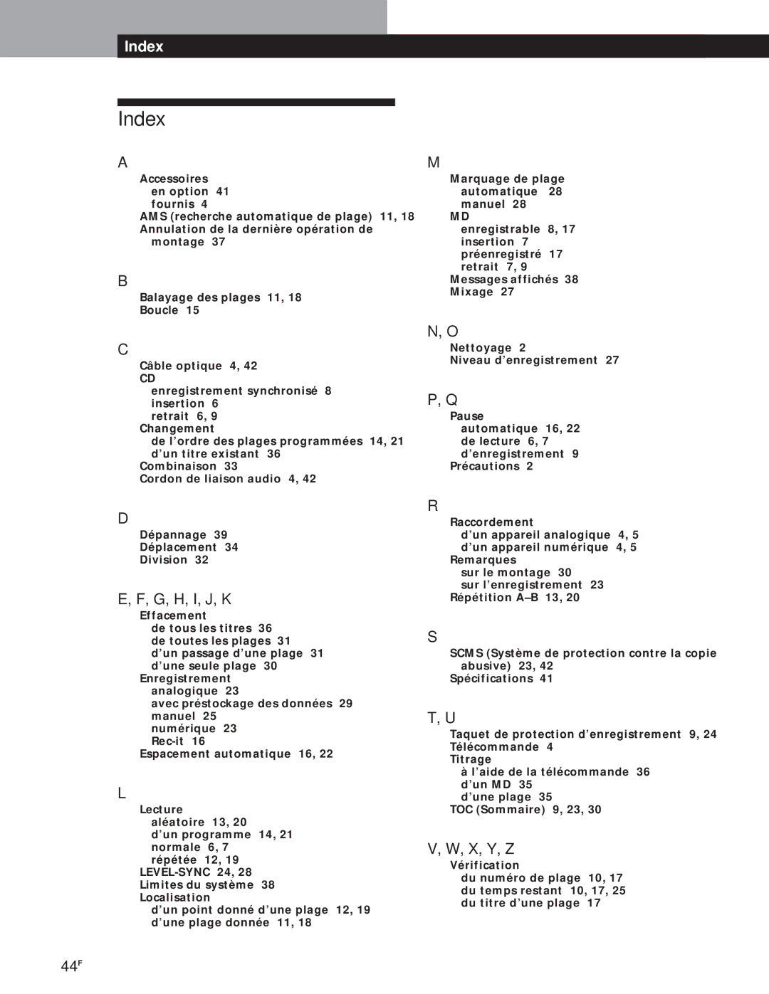 Sony MXD-D1 manual G, H, I, J, K, X, Y, Z 