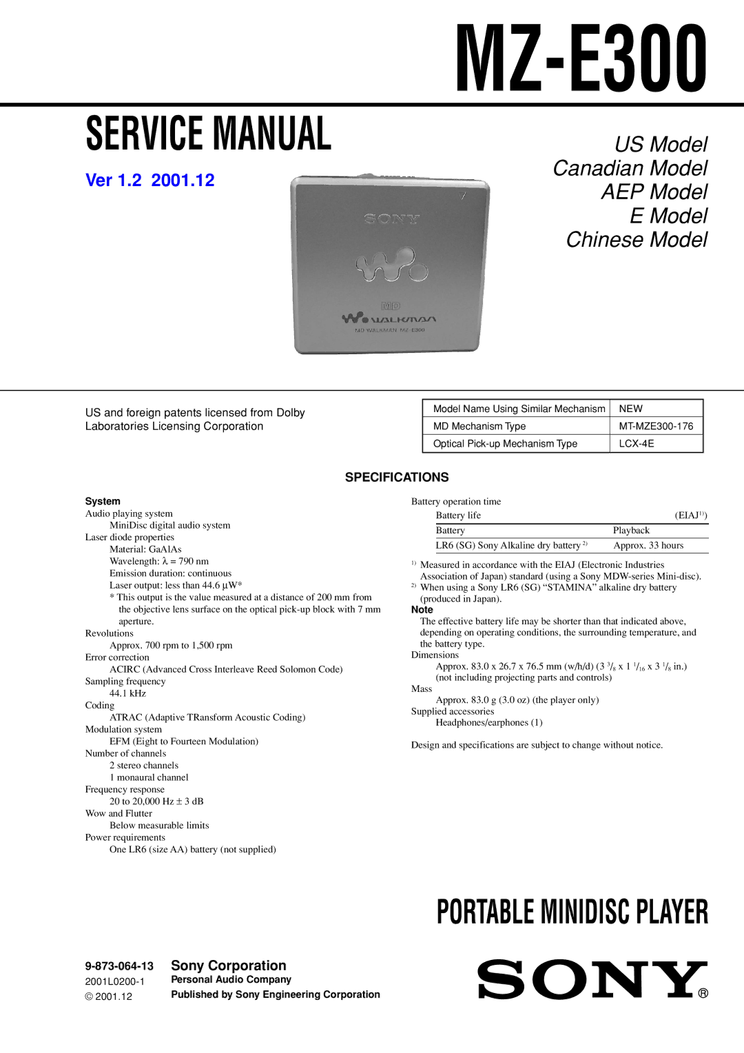 Sony MZ-300 specifications Specifications, 873-064-13 