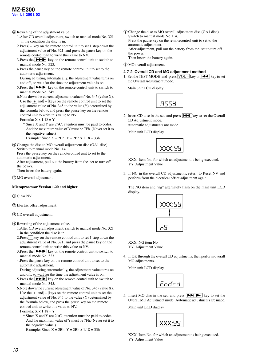 Sony MZ-300 specifications Ver 1.1, Overall CD and MO adjustment method 