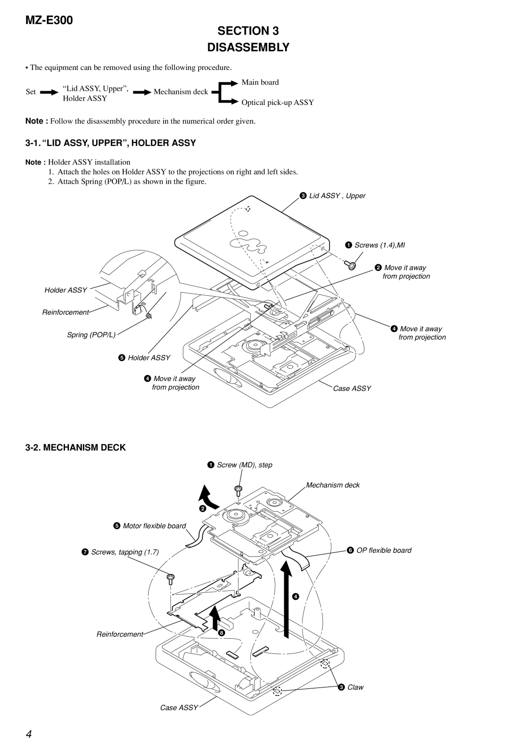 Sony MZ-300 specifications Section, Disassembly, LID ASSY, UPPER, Holder Assy, Mechanism Deck 