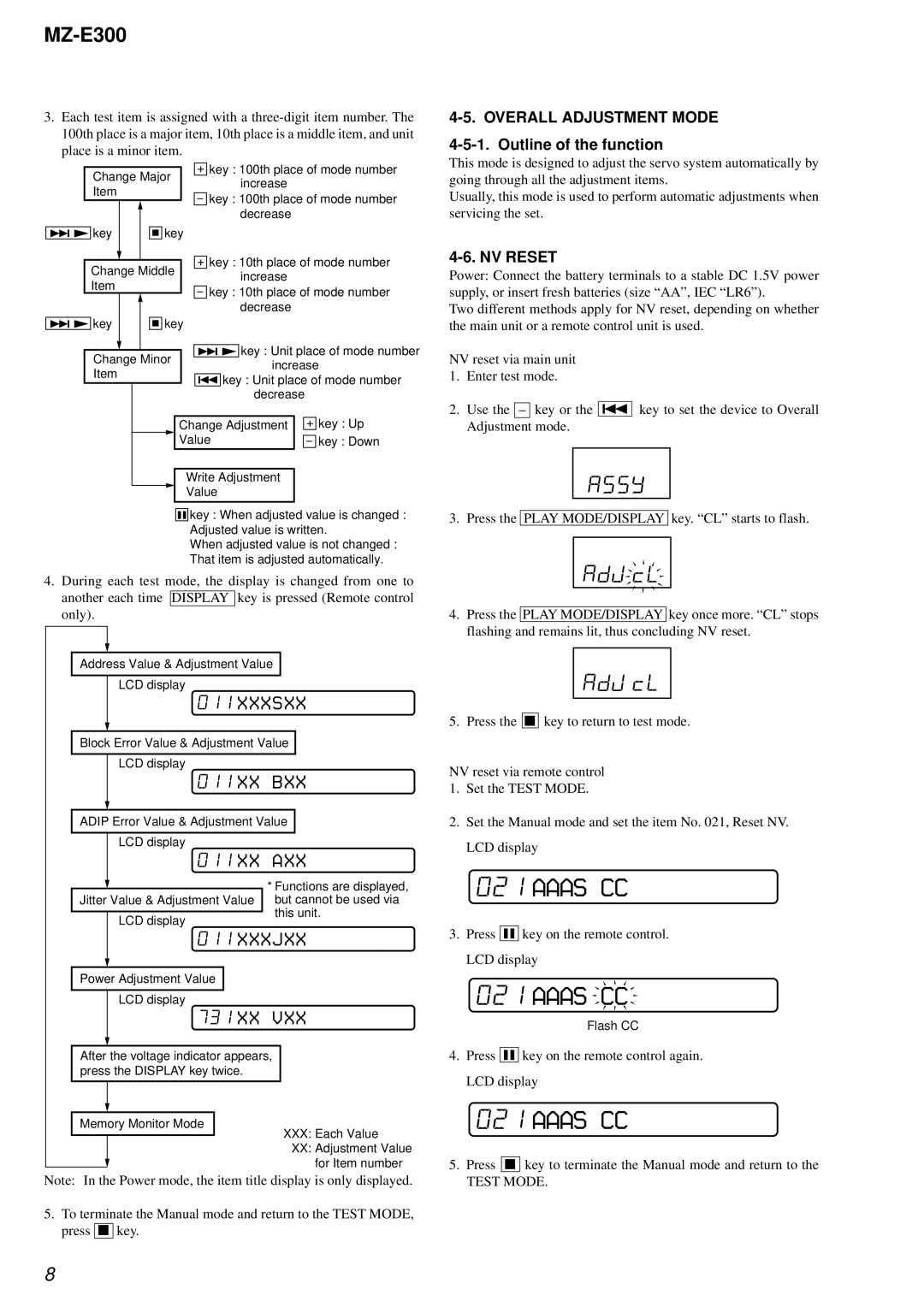 Sony MZ-300 specifications Overall Adjustment Mode, NV Reset, Test Mode 
