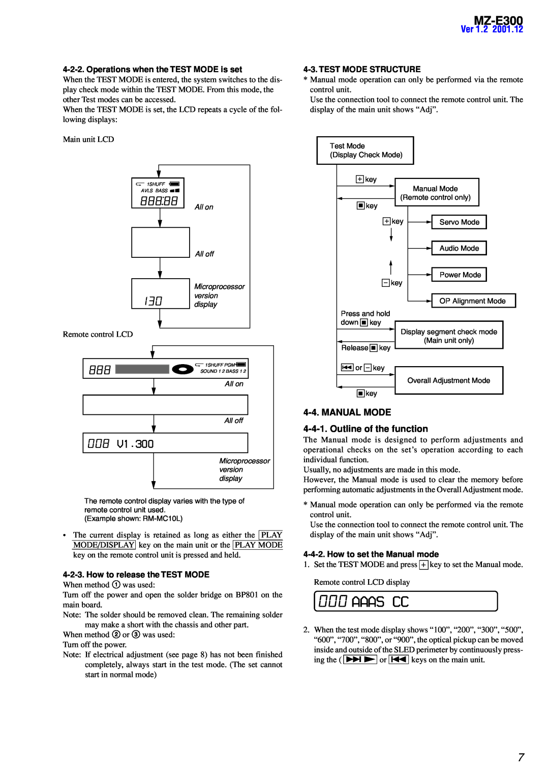 Sony MZ-300 Aaas Cc, Ver, MANUAL MODE 4-4-1.Outline of the function, Operations when the TEST MODE is set, MZ-E300, 888 