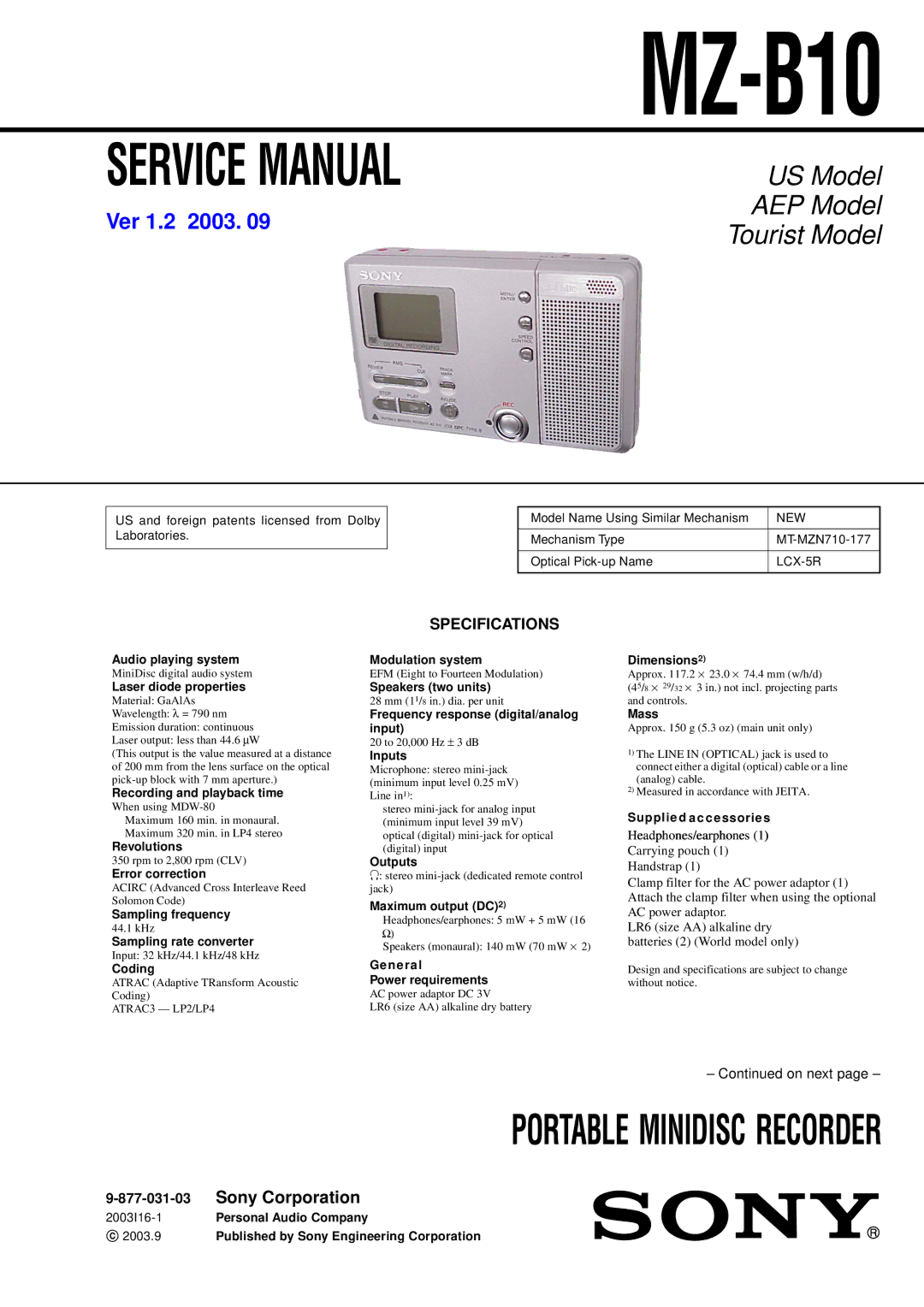 Sony MZ-B10 service manual 877-031-03 