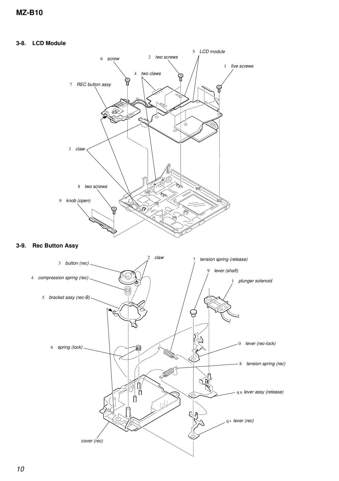Sony MZ-B10 service manual LCD Module, Rec Button Assy 