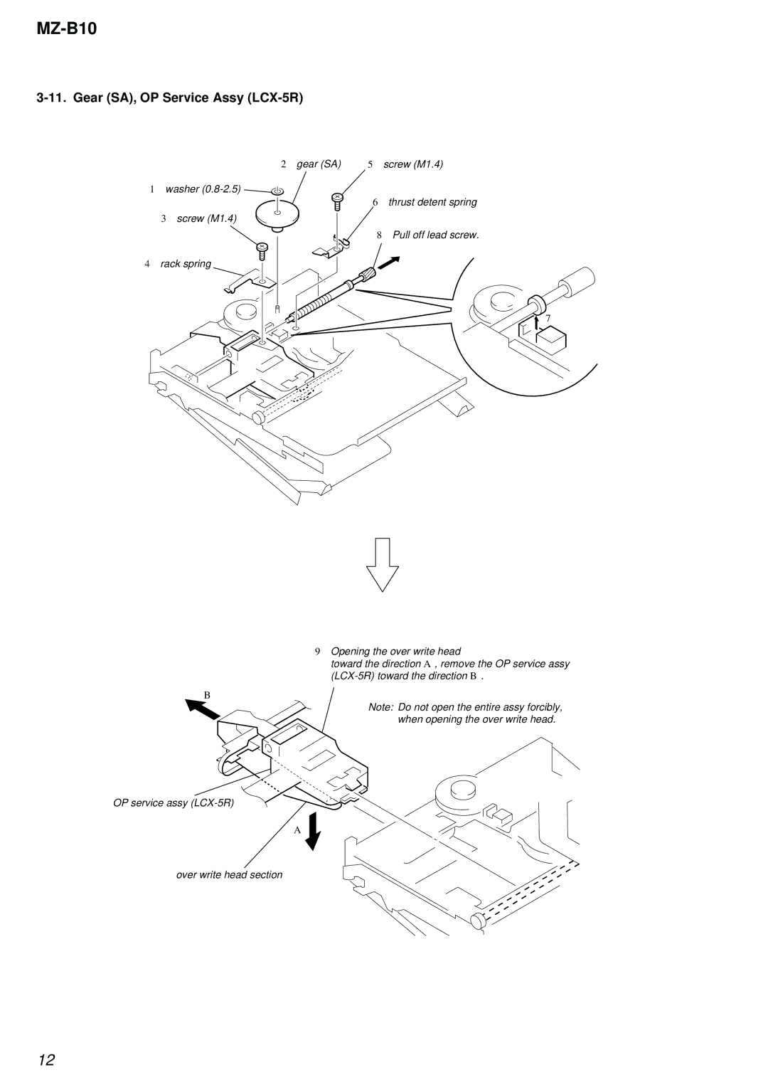 Sony MZ-B10 service manual Gear SA, OP Service Assy LCX-5R, Gear SA Screw M1.4 