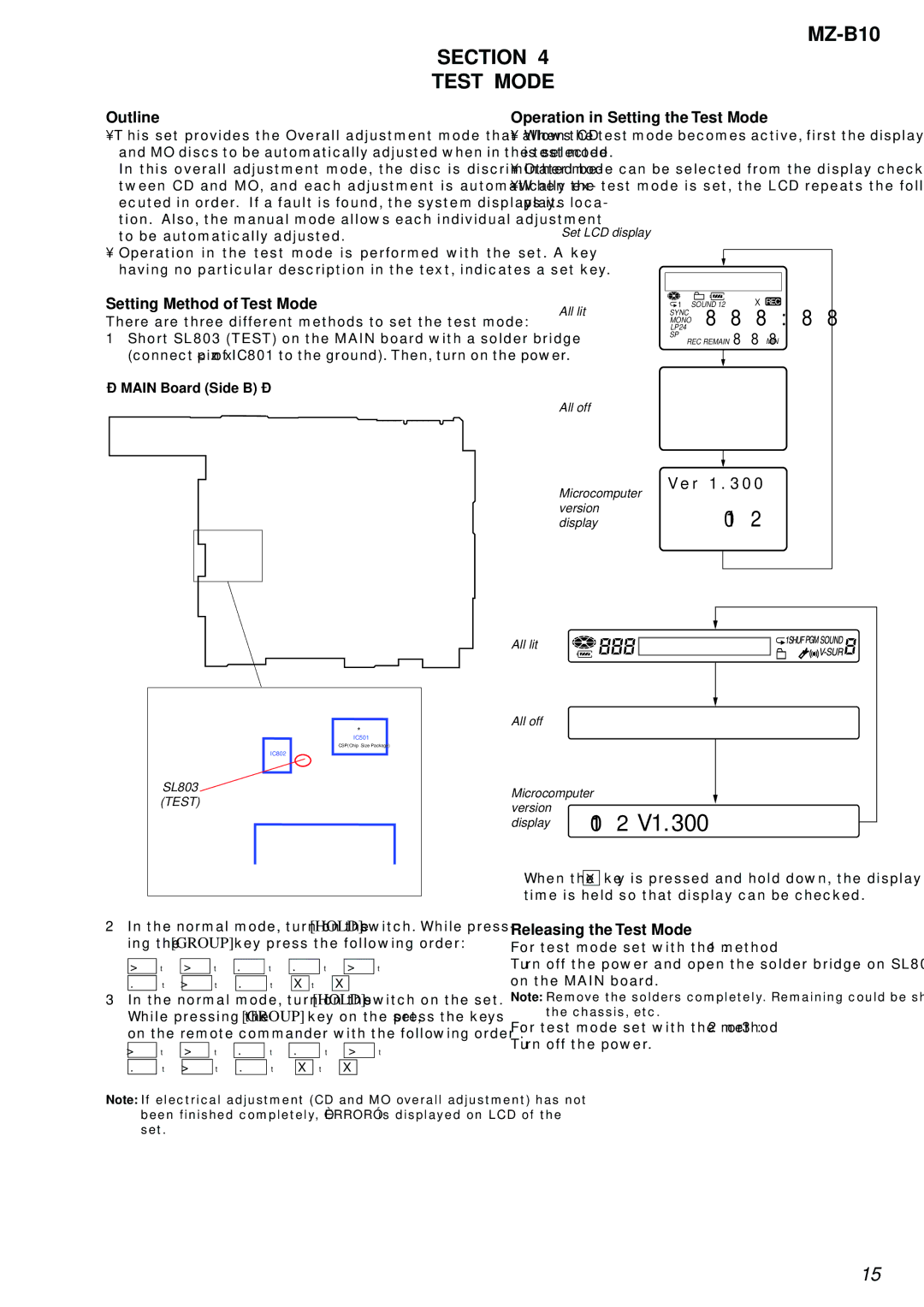 Sony MZ-B10 service manual Section Test Mode, Outline, Setting Method of Test Mode, Operation in Setting the Test Mode 