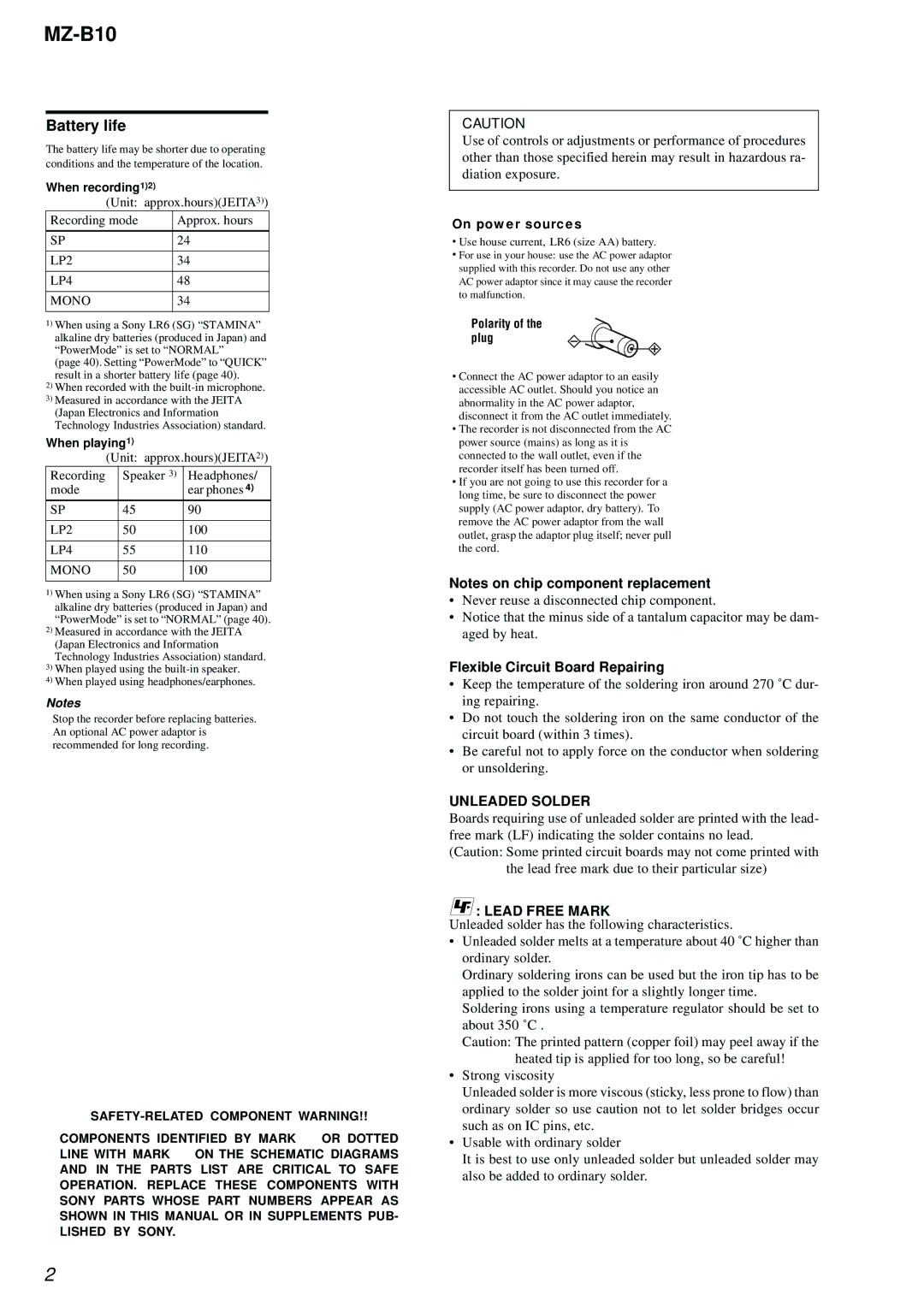 Sony MZ-B10 service manual Battery life, Flexible Circuit Board Repairing, LP2 LP4 Mono 