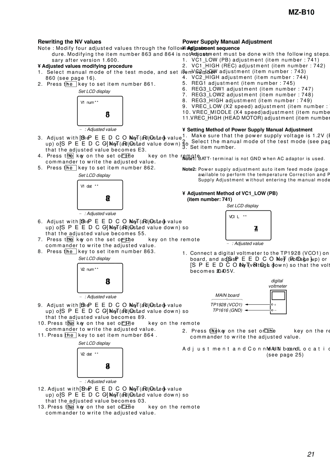 Sony MZ-B10 service manual V1 num 861, V1 dat 862, V2 num 863, V2 dat 864, VC1 L 741 