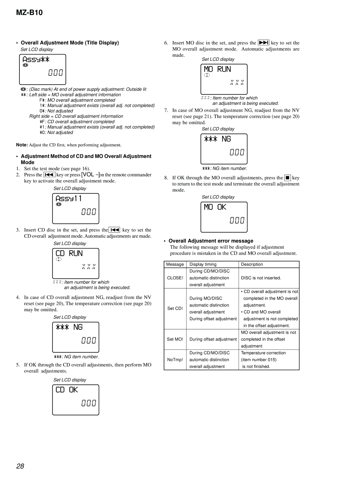 Sony MZ-B10 Assy11 000, Overall Adjustment Mode Title Display, Adjustment Method of CD and MO Overall Adjustment Mode 