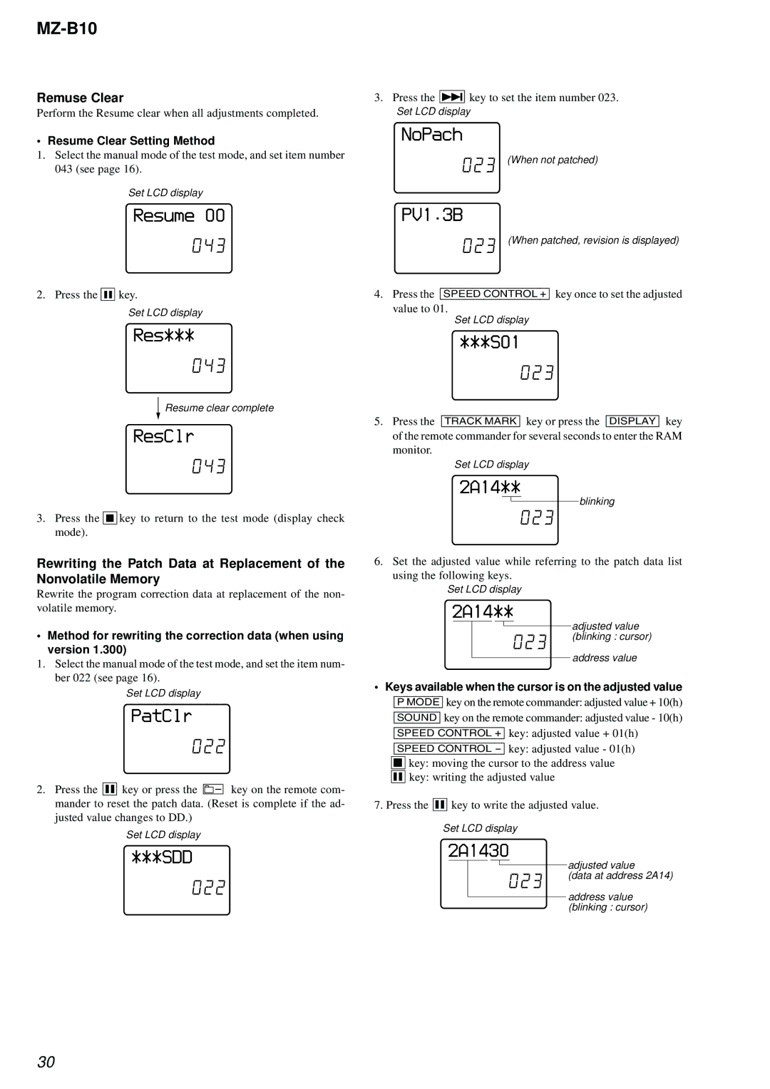 Sony MZ-B10 Resume 043, Res 043, ResClr 043, PatClr 022, SDD 022, NoPach 023, PV1.3B 023, S01 023, 2A1430 