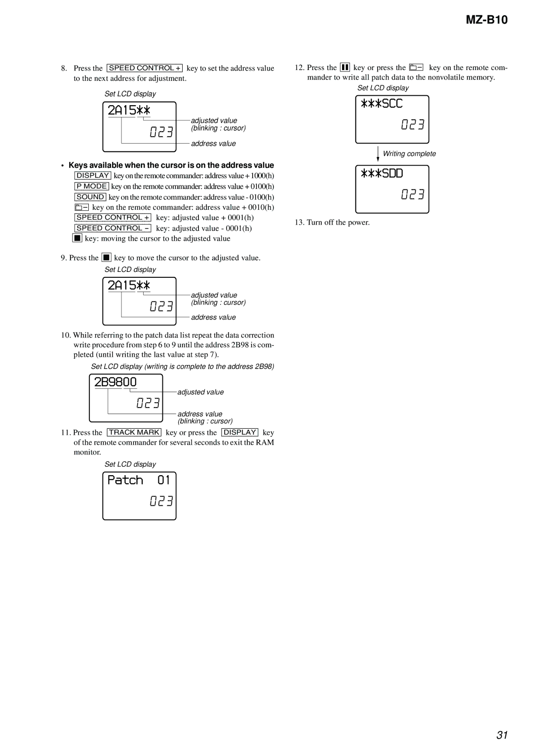 Sony MZ-B10 service manual 2A15, 2B9800, Patch 023, SCC 023, SDD 023 